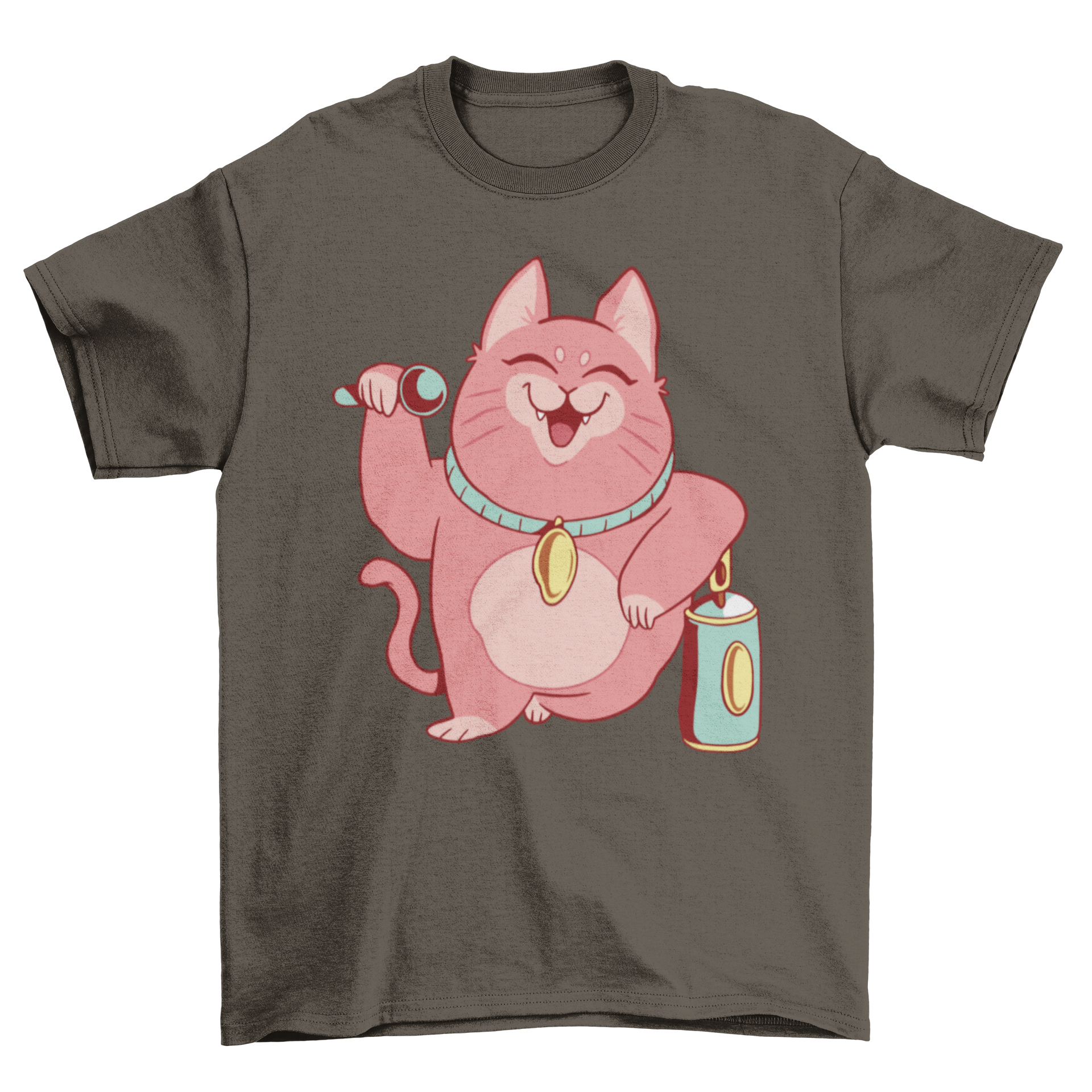 A colorful t-shirt featuring a cartoon cat singing with a microphone, leaning against a graffiti can.