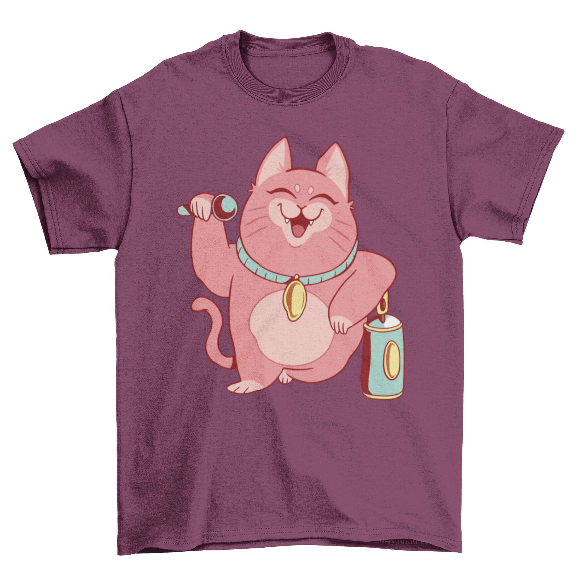 A colorful t-shirt featuring a cartoon cat singing with a microphone, leaning against a graffiti can.