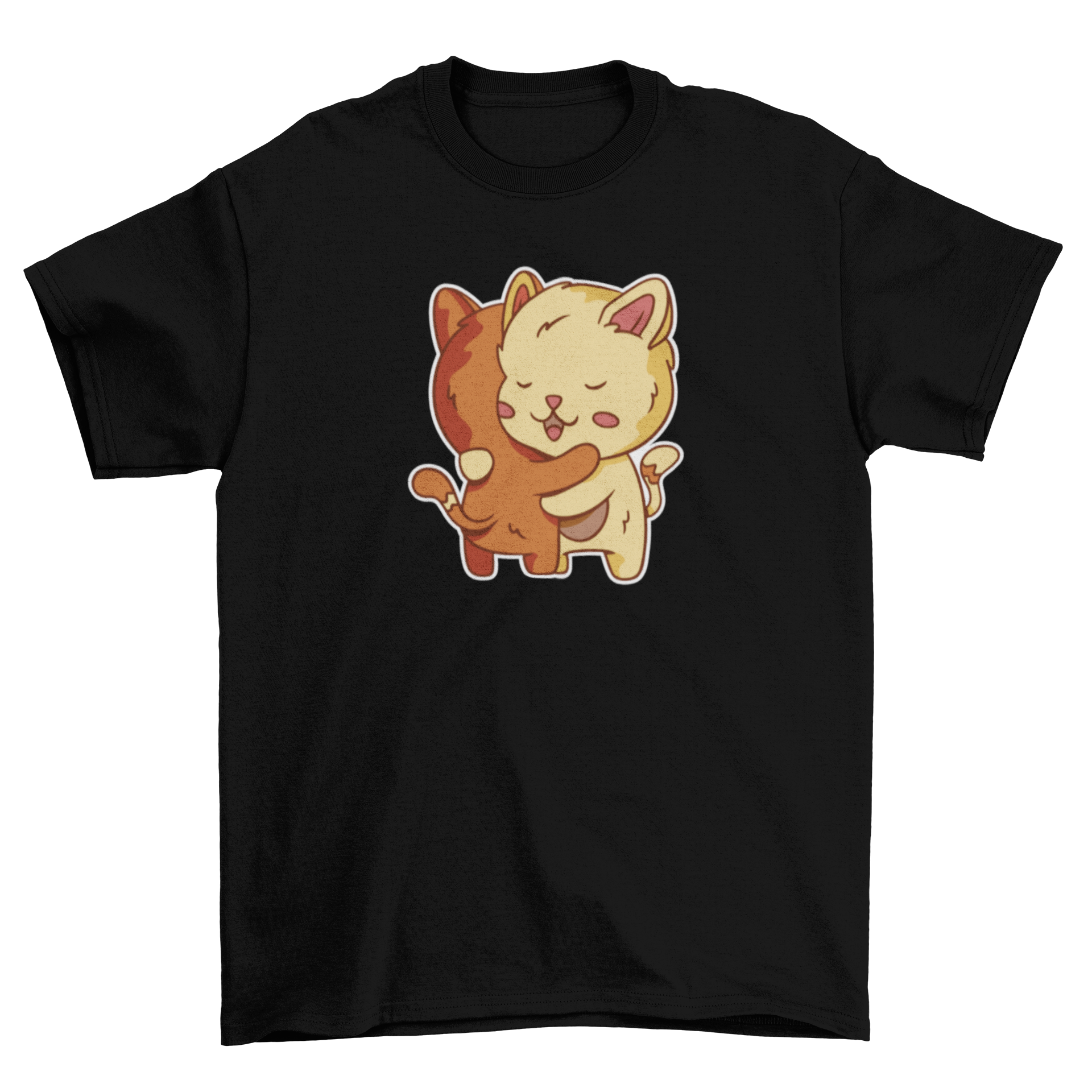 A cute t-shirt featuring two happy cats hugging each other, perfect for cat lovers.