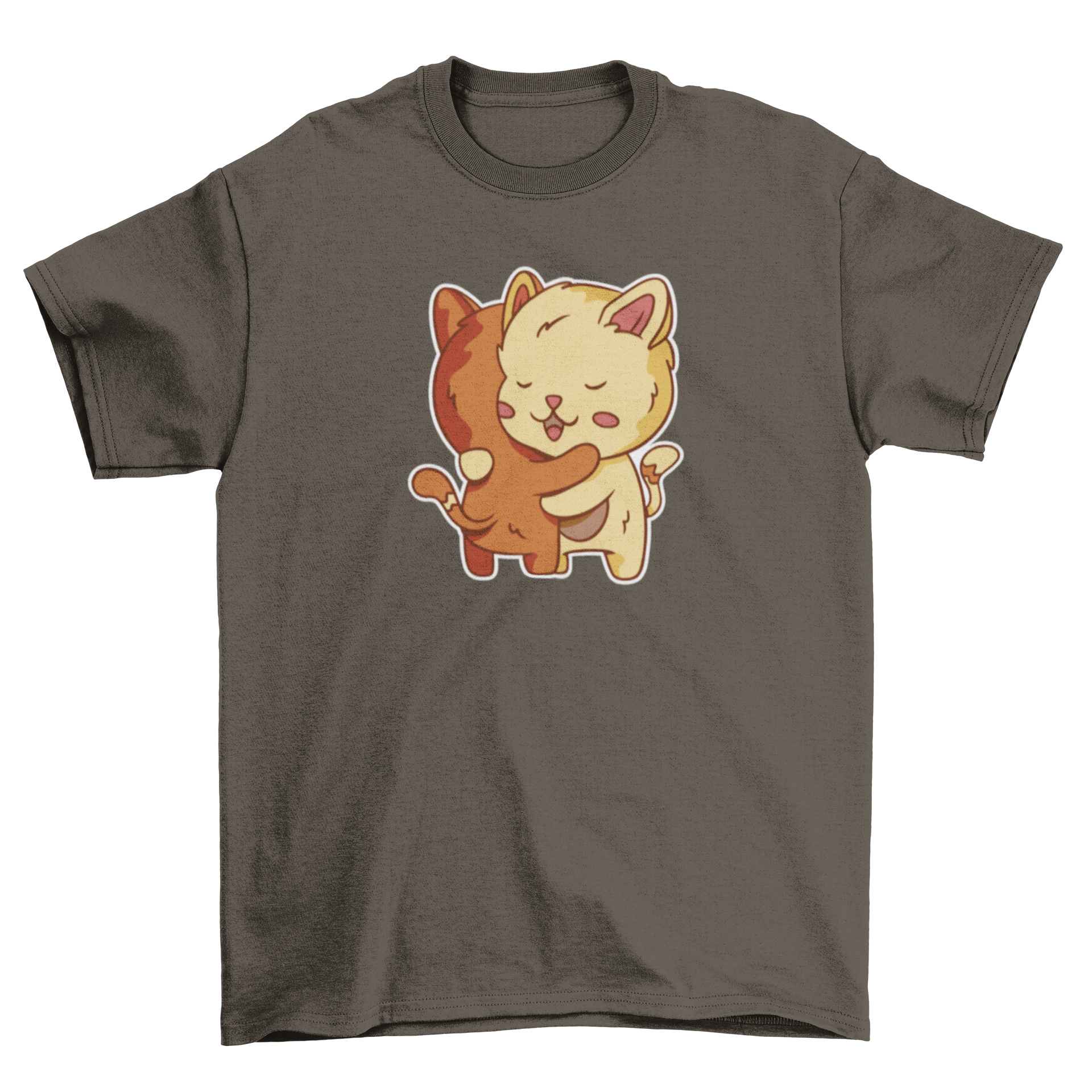 A cute t-shirt featuring two happy cats hugging each other, perfect for cat lovers.