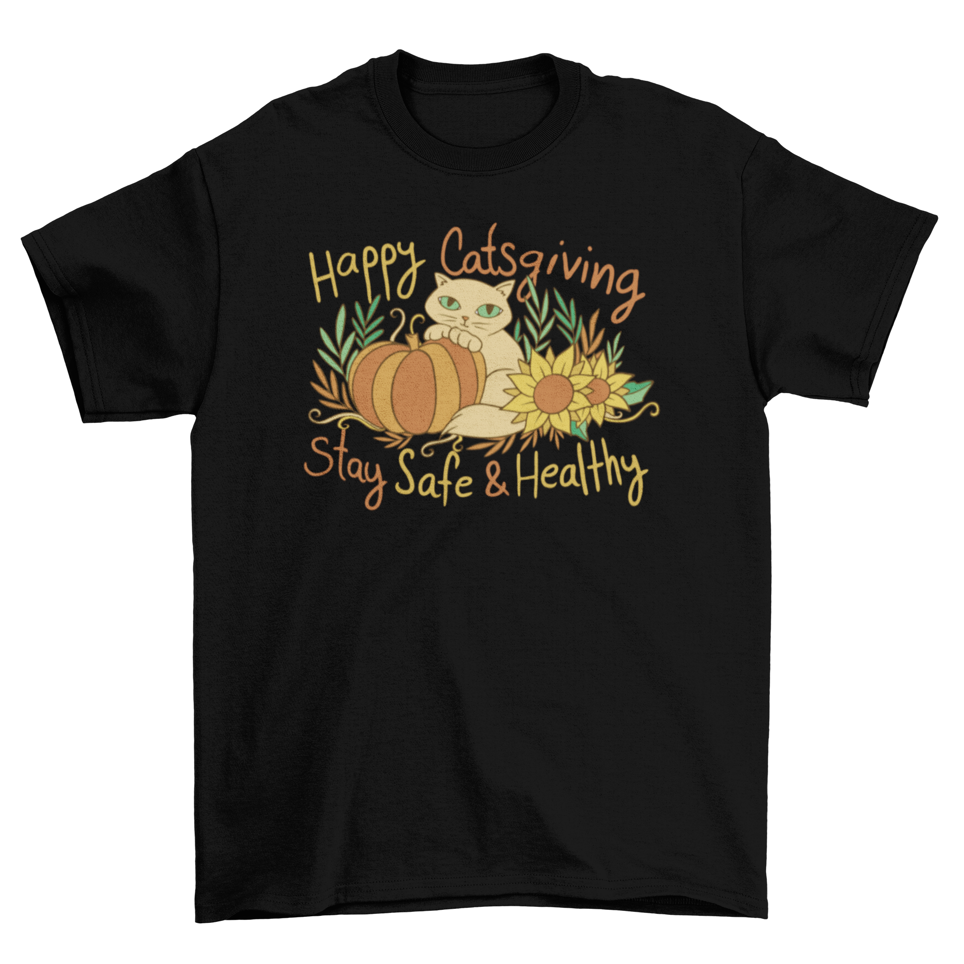 Happy Catsgiving t-shirt featuring a colorful cat and pumpkin design with the quote 'Happy Catsgiving'.