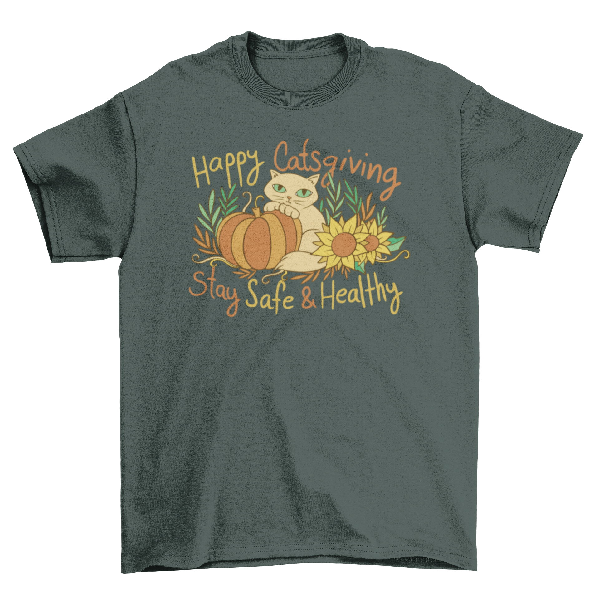 Happy Catsgiving t-shirt featuring a colorful cat and pumpkin design with the quote 'Happy Catsgiving'.