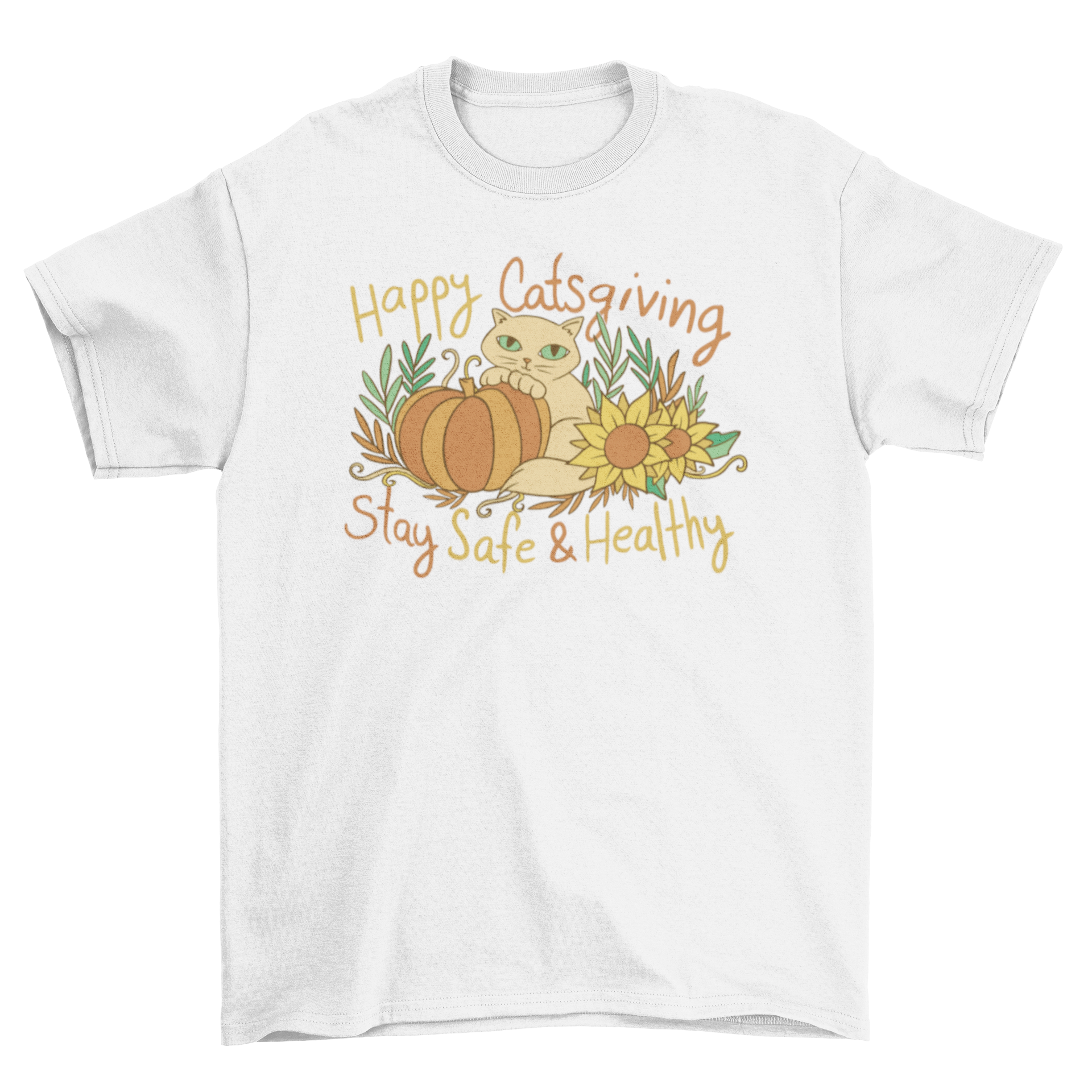 Happy Catsgiving t-shirt featuring a colorful cat and pumpkin design with the quote 'Happy Catsgiving'.