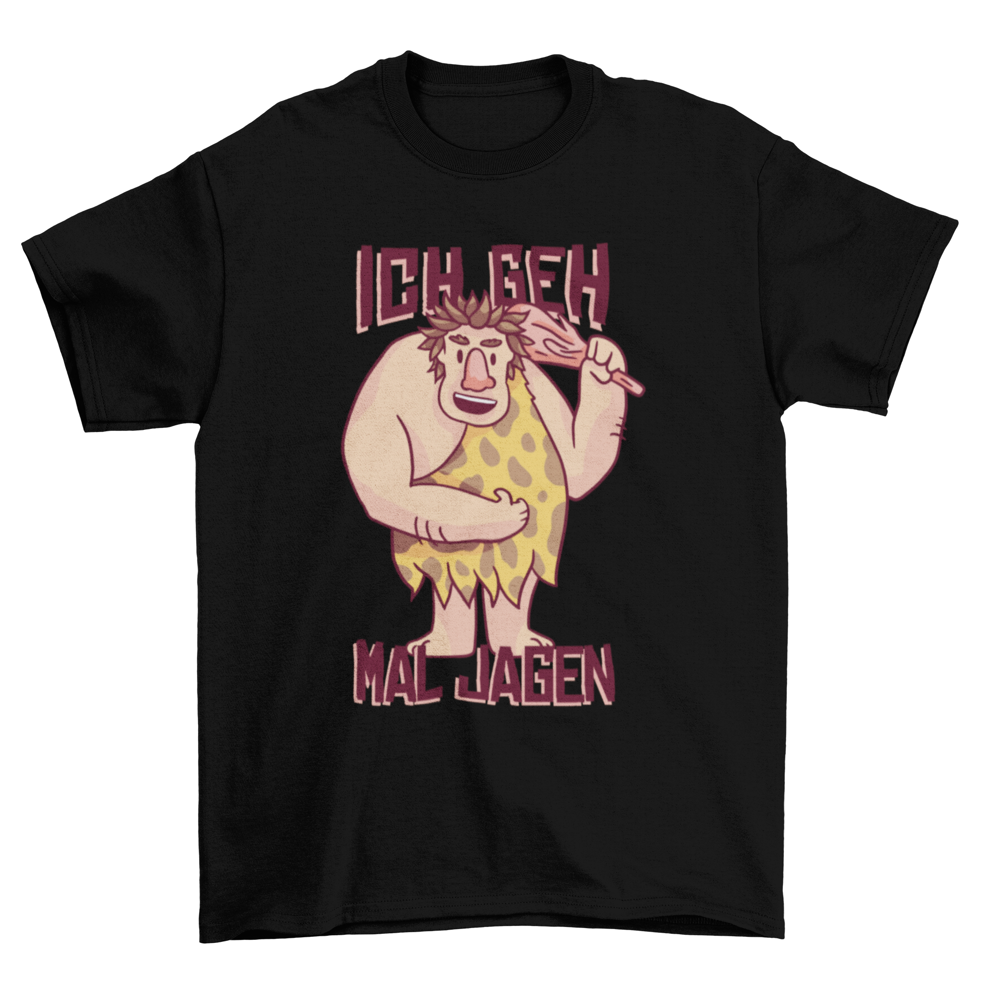 Happy Caveman German T-shirt featuring a cartoon caveman and 'ich geh mal jagen' caption.