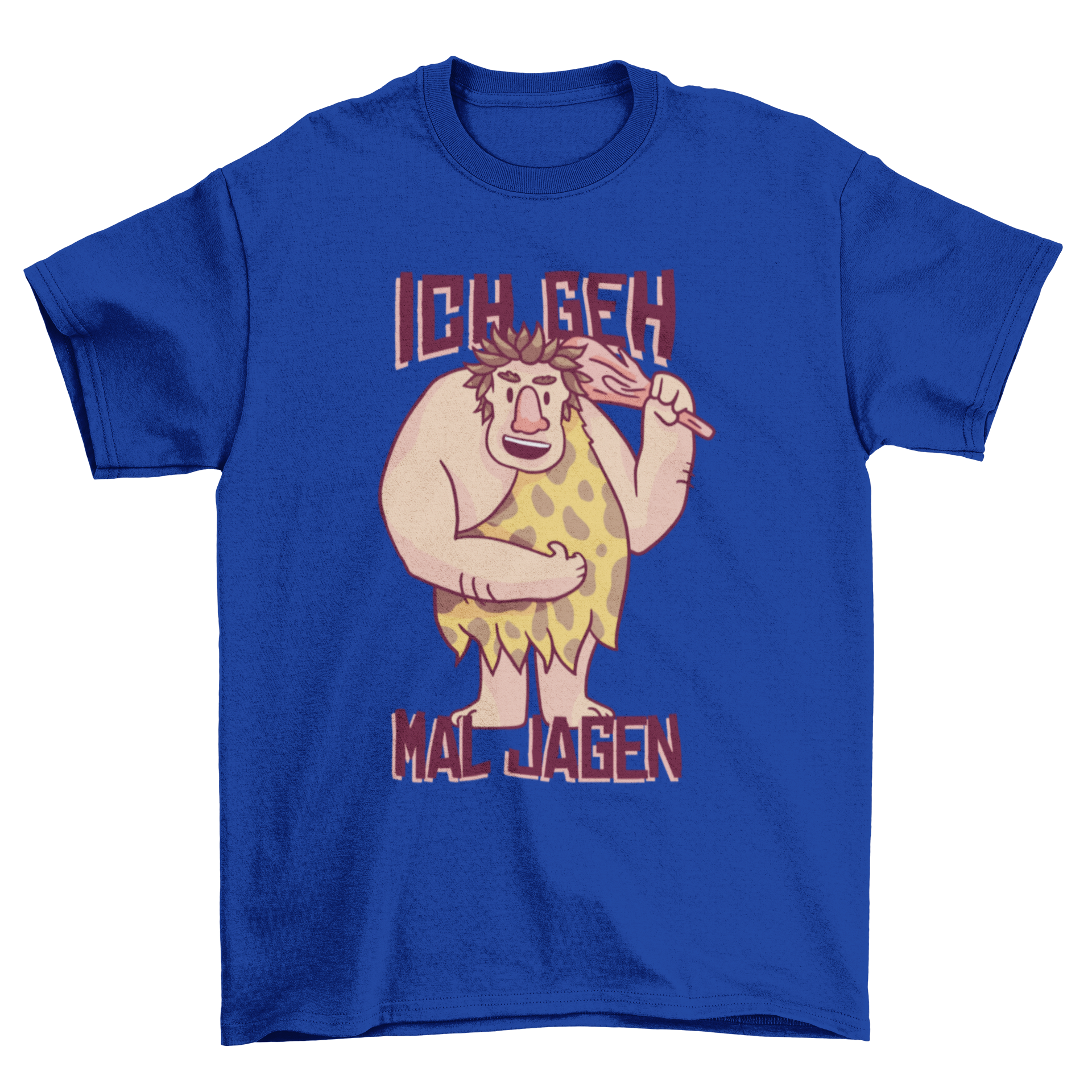 Happy Caveman German T-shirt featuring a cartoon caveman and 'ich geh mal jagen' caption.