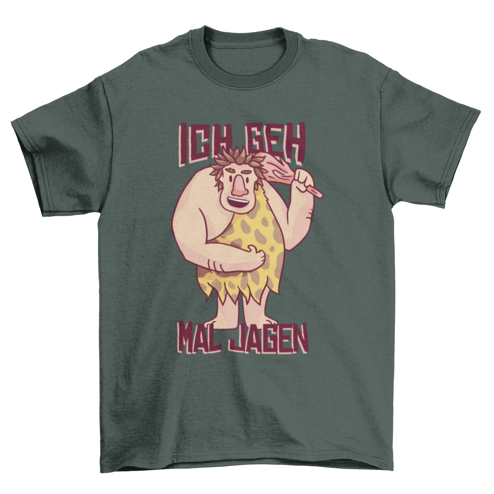 Happy Caveman German T-shirt featuring a cartoon caveman and 'ich geh mal jagen' caption.