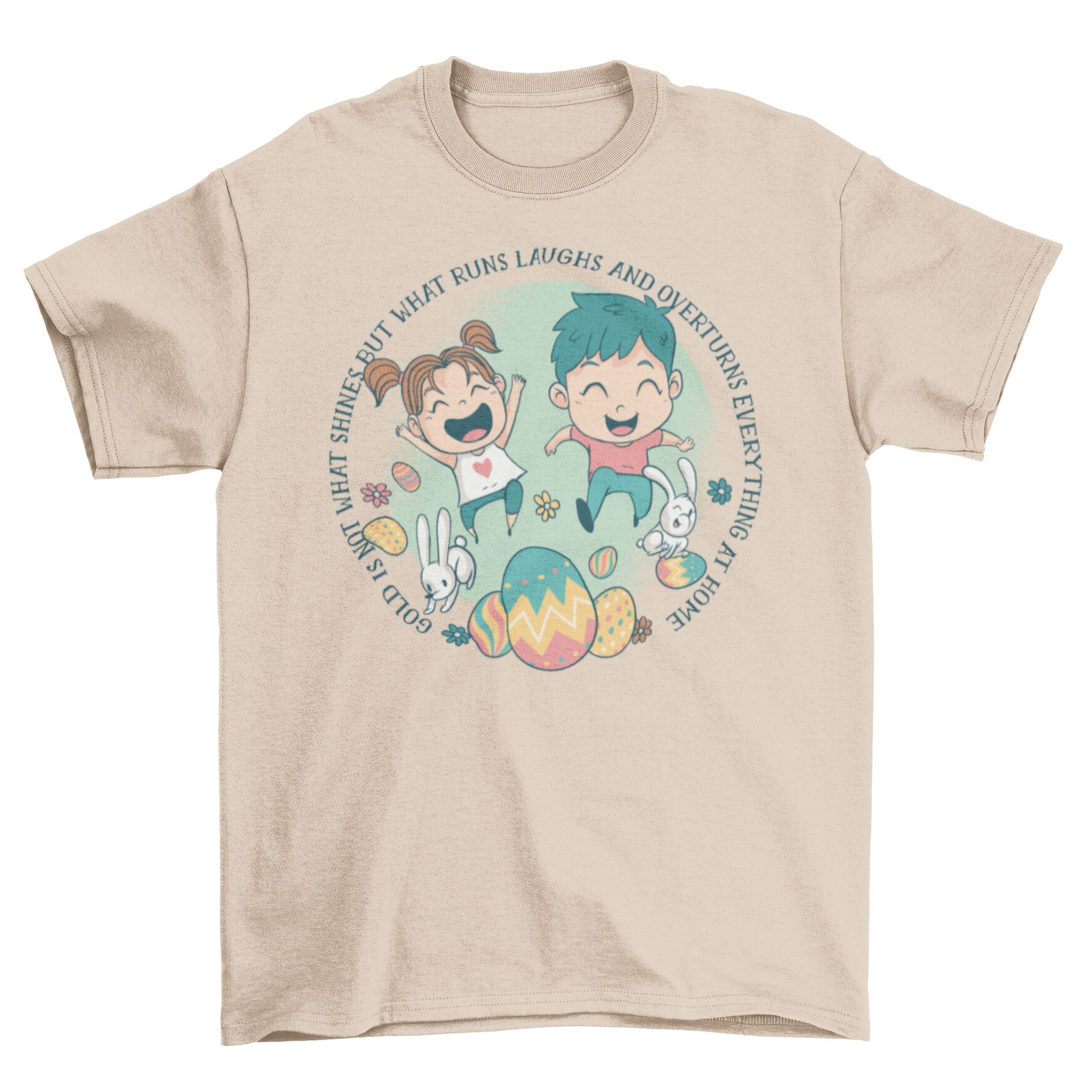 Happy Children Easter Youth T-Shirt featuring kids playing with Easter eggs and an inspirational quote.