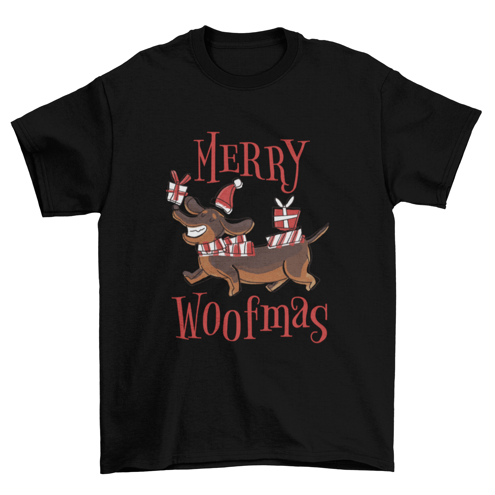 Happy Christmas dog pun t-shirt featuring a dog with Christmas presents and the quote 'Merry woofmas'.