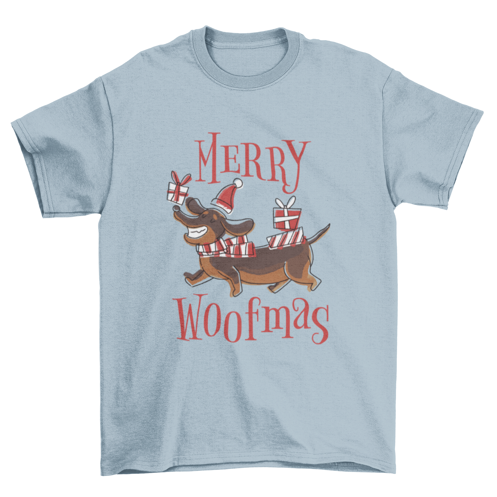 Happy Christmas dog pun t-shirt featuring a dog with Christmas presents and the quote 'Merry woofmas'.