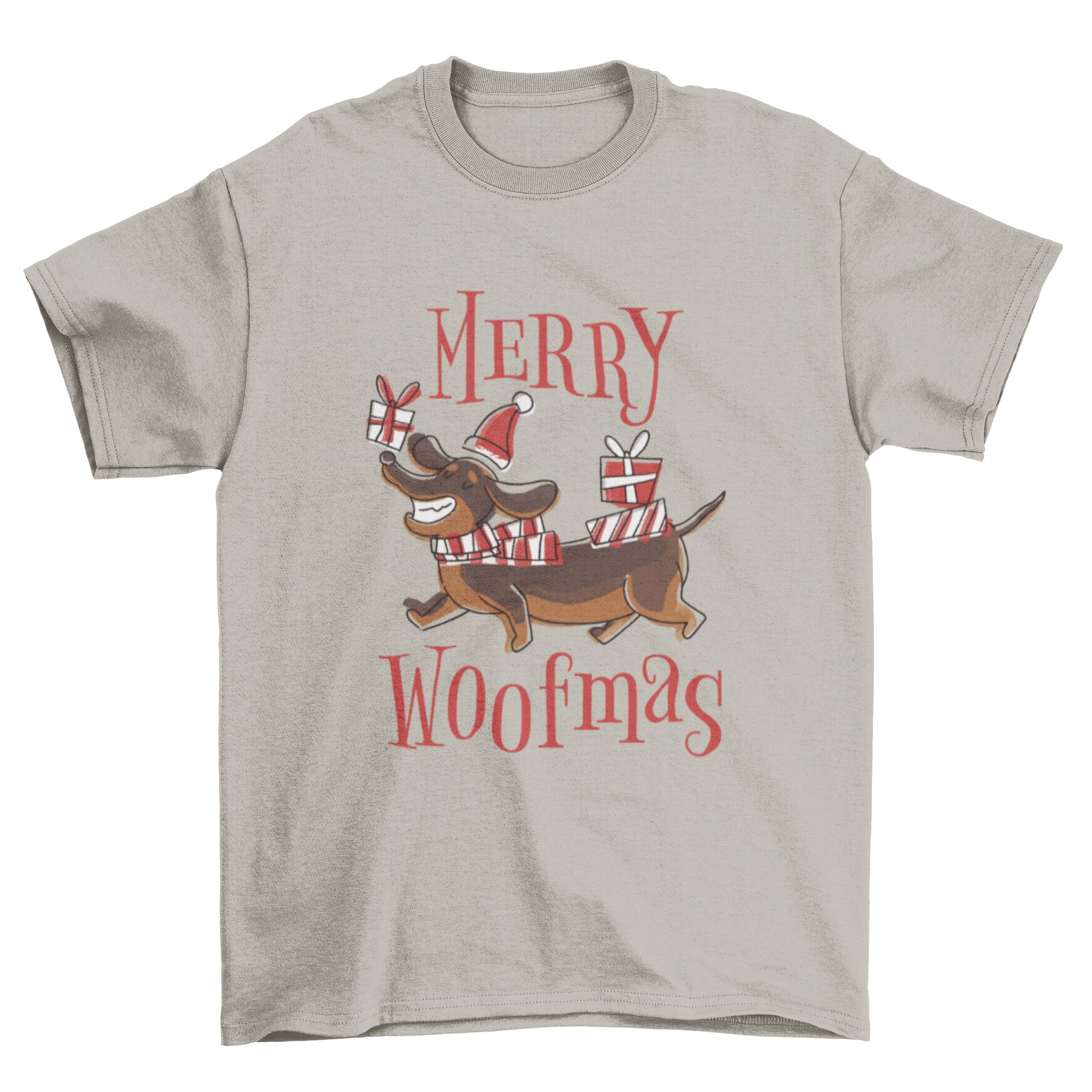 Happy Christmas dog pun t-shirt featuring a dog with Christmas presents and the quote 'Merry woofmas'.