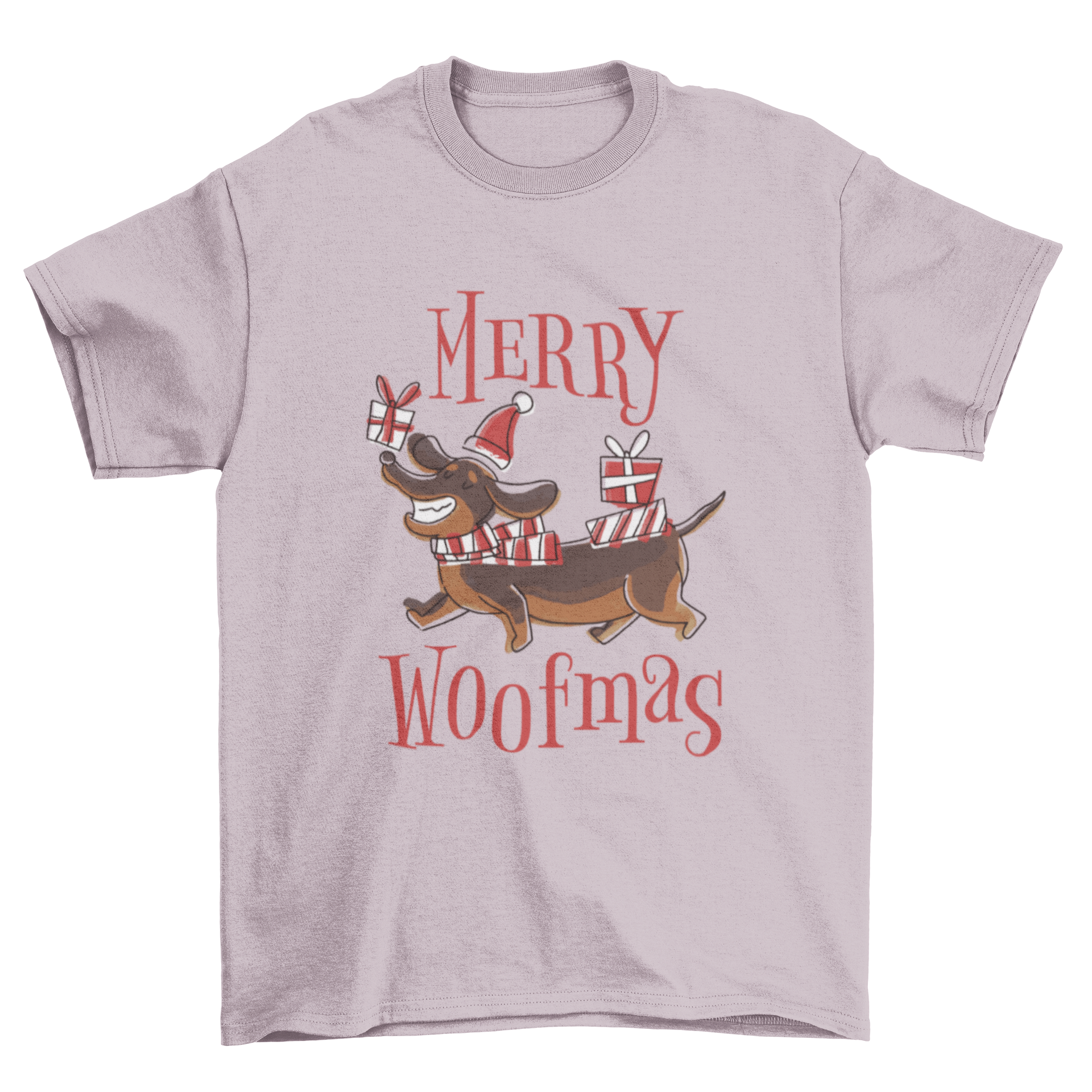 Happy Christmas dog pun t-shirt featuring a dog with Christmas presents and the quote 'Merry woofmas'.