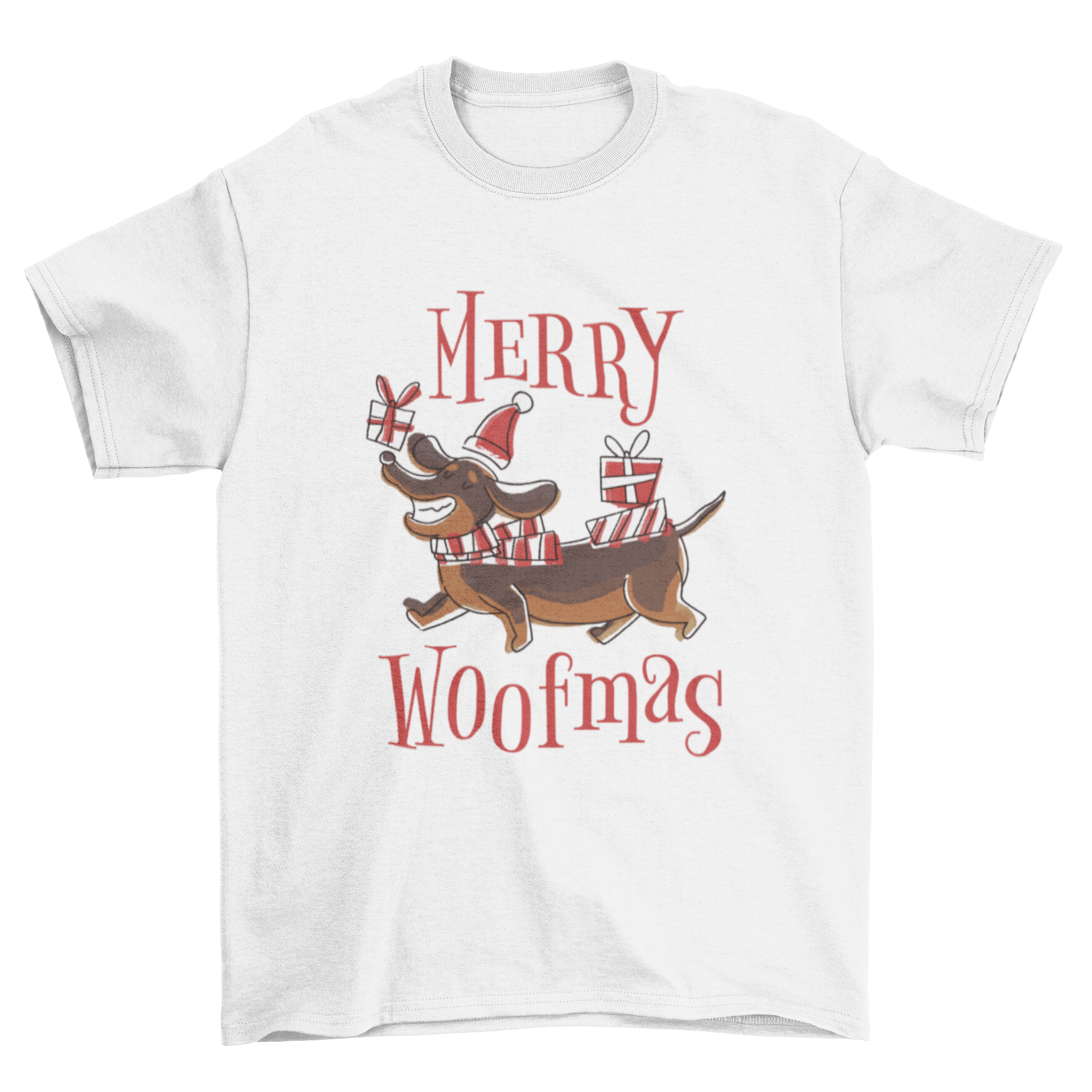 Happy Christmas dog pun t-shirt featuring a dog with Christmas presents and the quote 'Merry woofmas'.