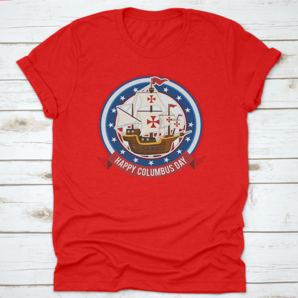 Happy Columbus Day Logo Stamp Design shirt made from 100% cotton, featuring a festive logo for the holiday.