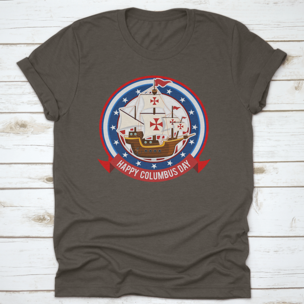 Happy Columbus Day Logo Stamp Design shirt made from 100% cotton, featuring a festive logo for the holiday.