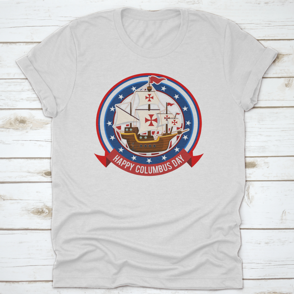 Happy Columbus Day Logo Stamp Design shirt made from 100% cotton, featuring a festive logo for the holiday.