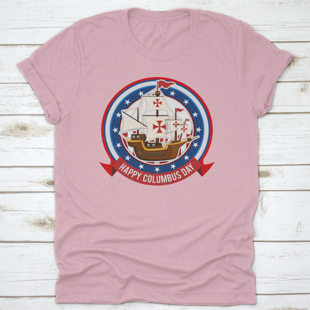 Happy Columbus Day Logo Stamp Design shirt made from 100% cotton, featuring a festive logo for the holiday.