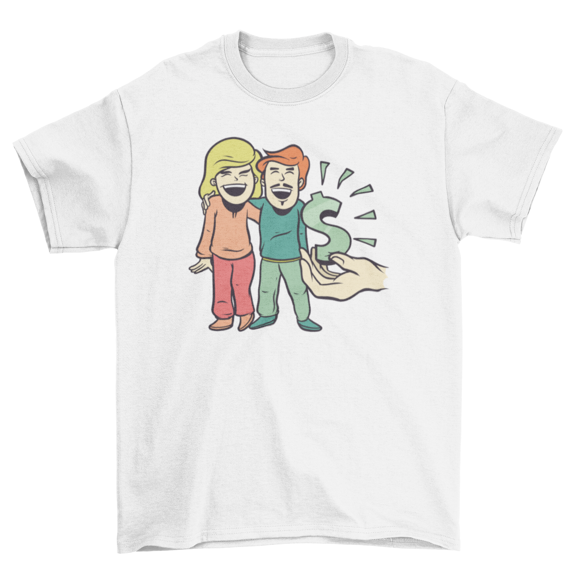 Happy Couple T-Shirt featuring a hand giving a dollar sign to a cartoon couple, symbolizing love and joy.