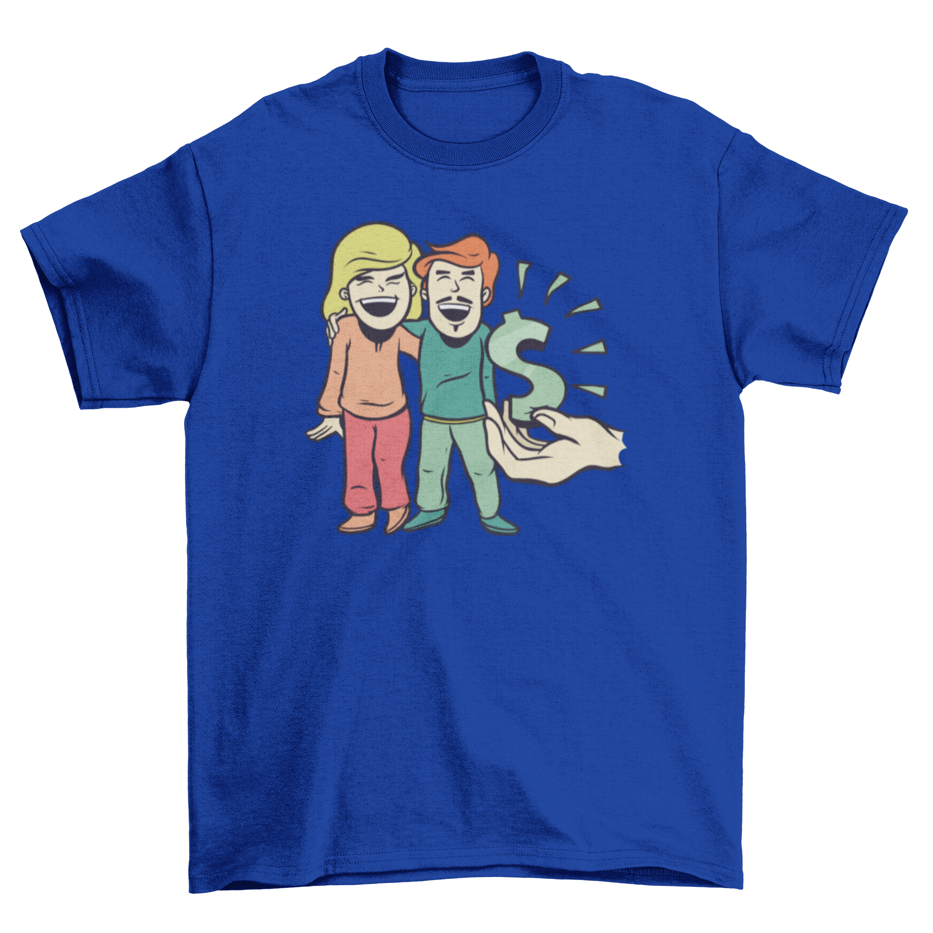 Happy Couple T-Shirt featuring a hand giving a dollar sign to a cartoon couple, symbolizing love and joy.