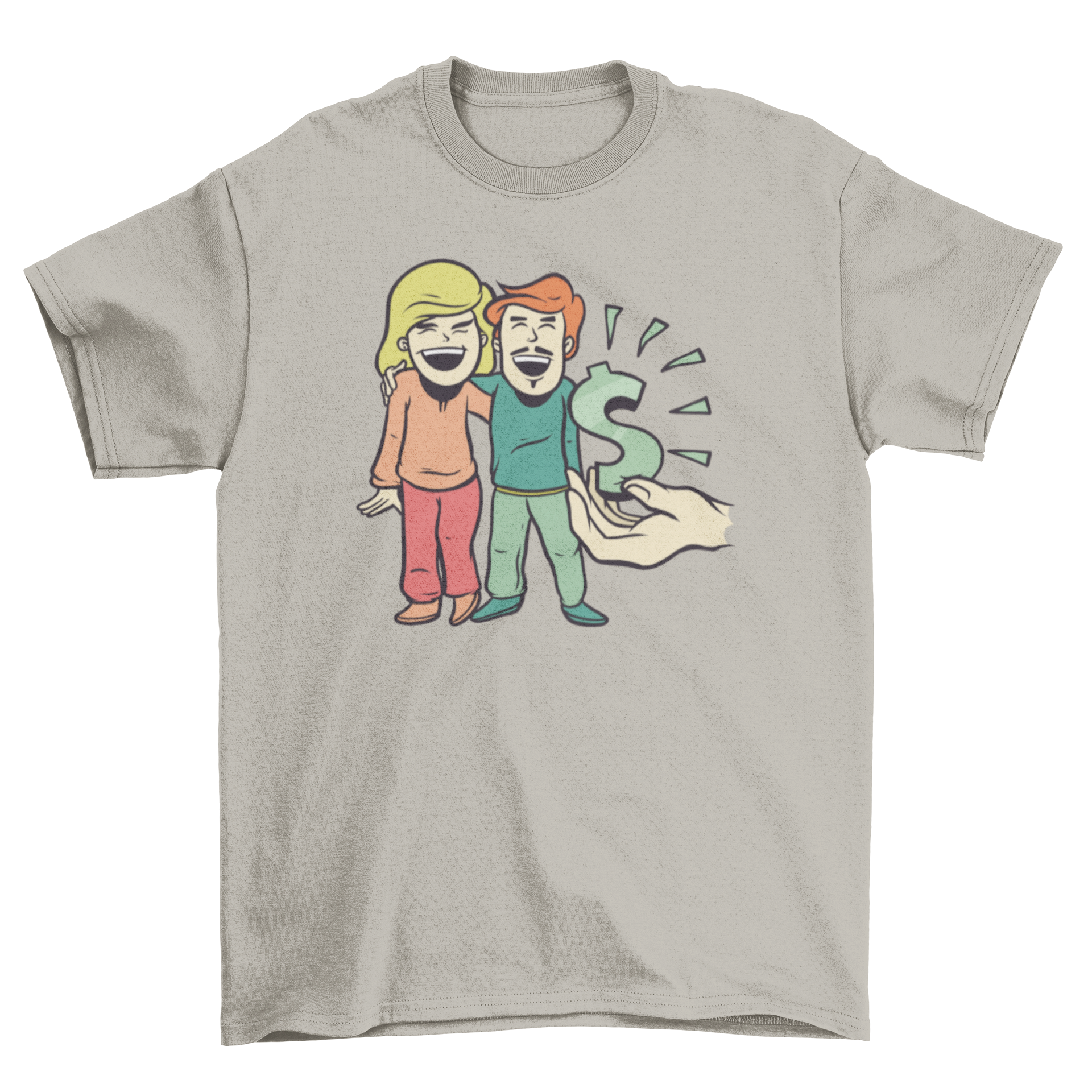 Happy Couple T-Shirt featuring a hand giving a dollar sign to a cartoon couple, symbolizing love and joy.