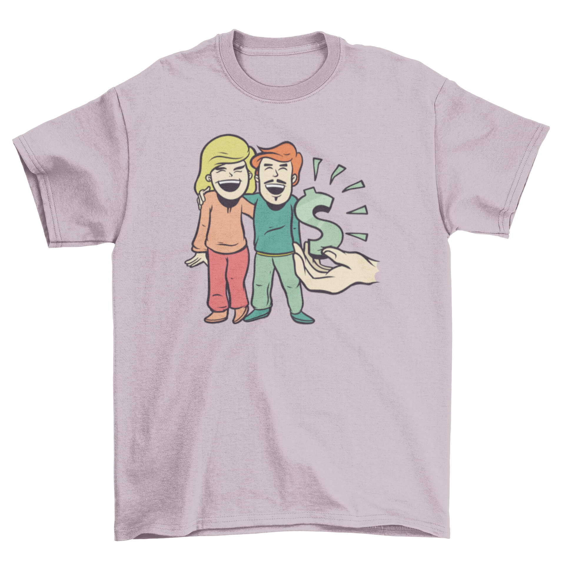 Happy Couple T-Shirt featuring a hand giving a dollar sign to a cartoon couple, symbolizing love and joy.