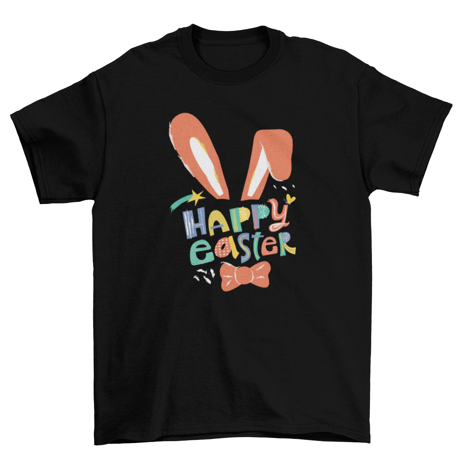 Happy Easter t-shirt featuring a playful design with rabbit ears and a bowtie, perfect for festive celebrations.