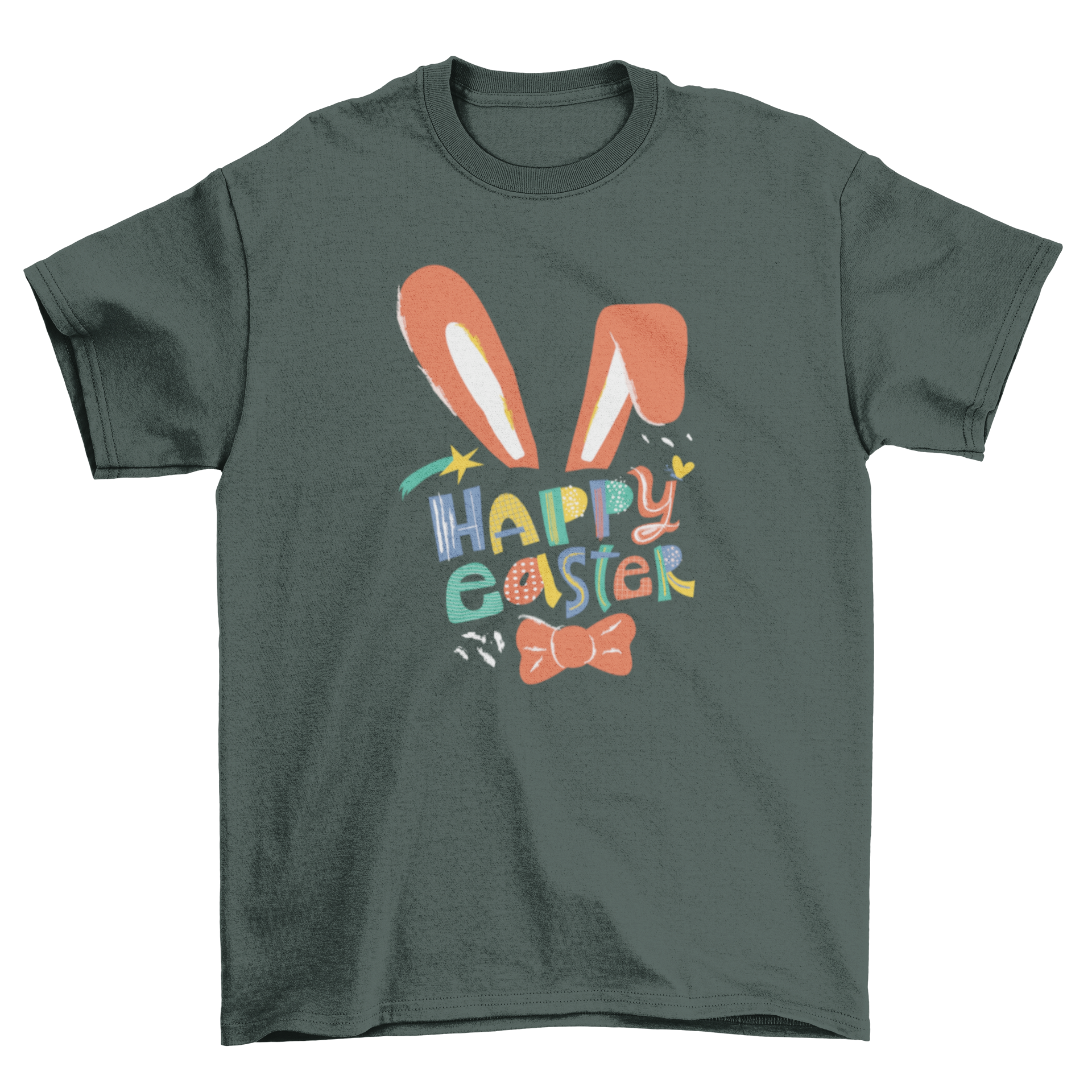 Happy Easter t-shirt featuring a playful design with rabbit ears and a bowtie, perfect for festive celebrations.