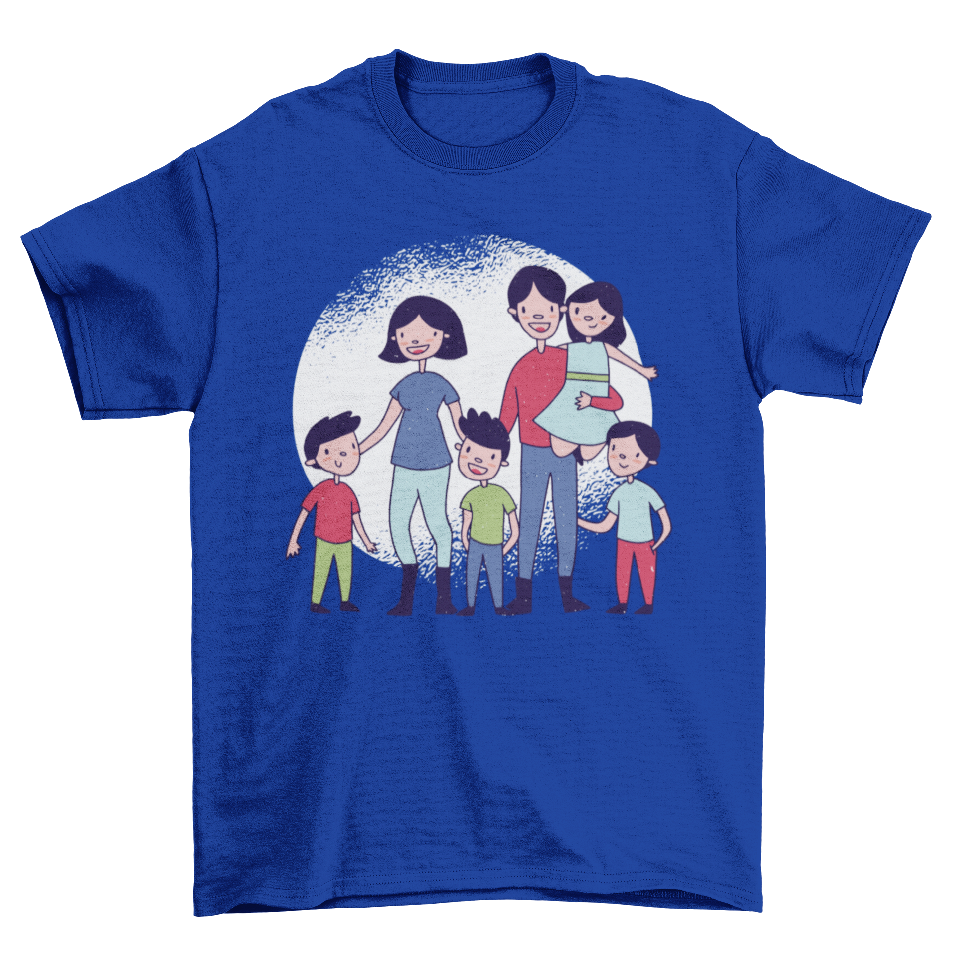 Happy Family Cartoon smiling t-shirt featuring a colorful illustration of a joyful family with four kids.