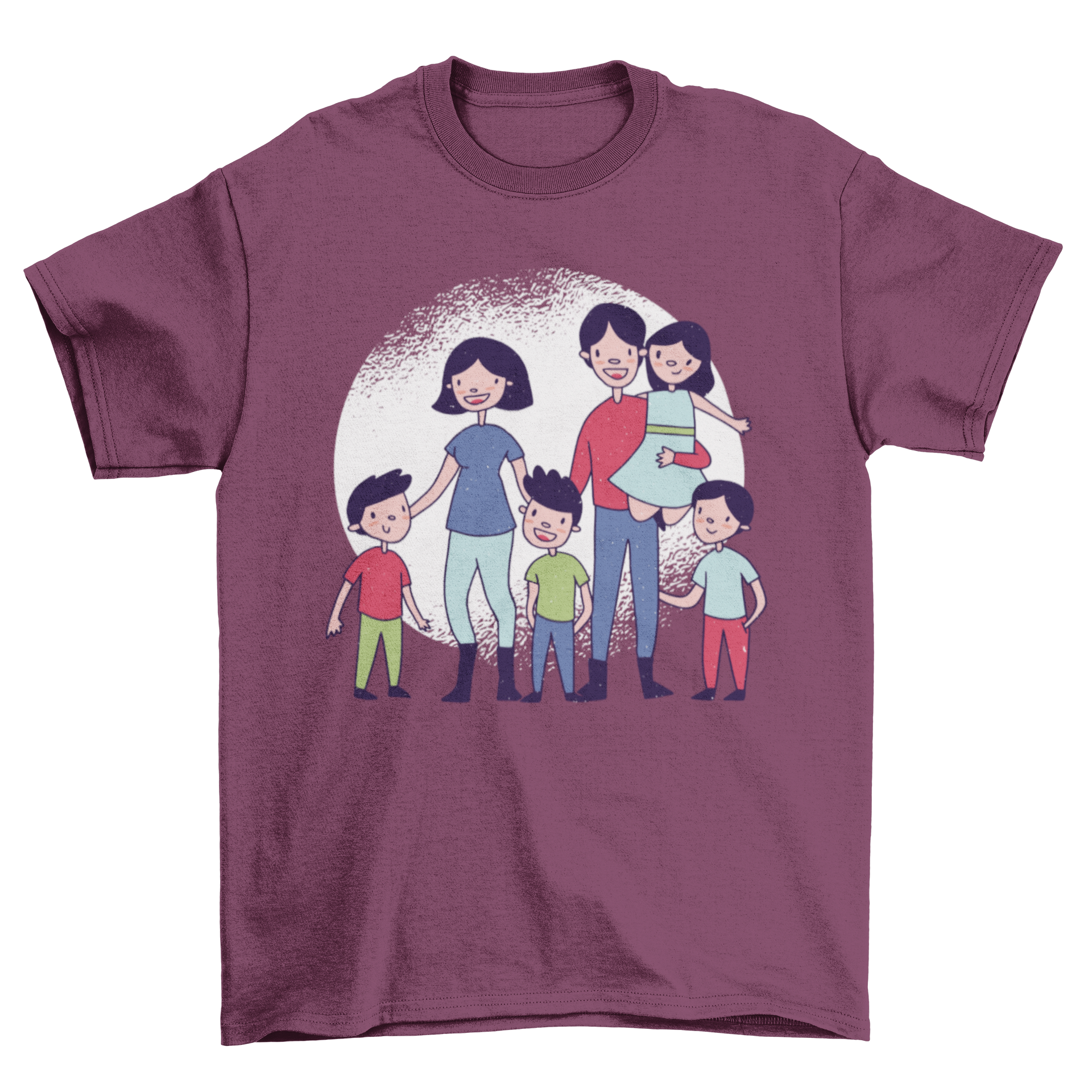 Happy Family Cartoon smiling t-shirt featuring a colorful illustration of a joyful family with four kids.