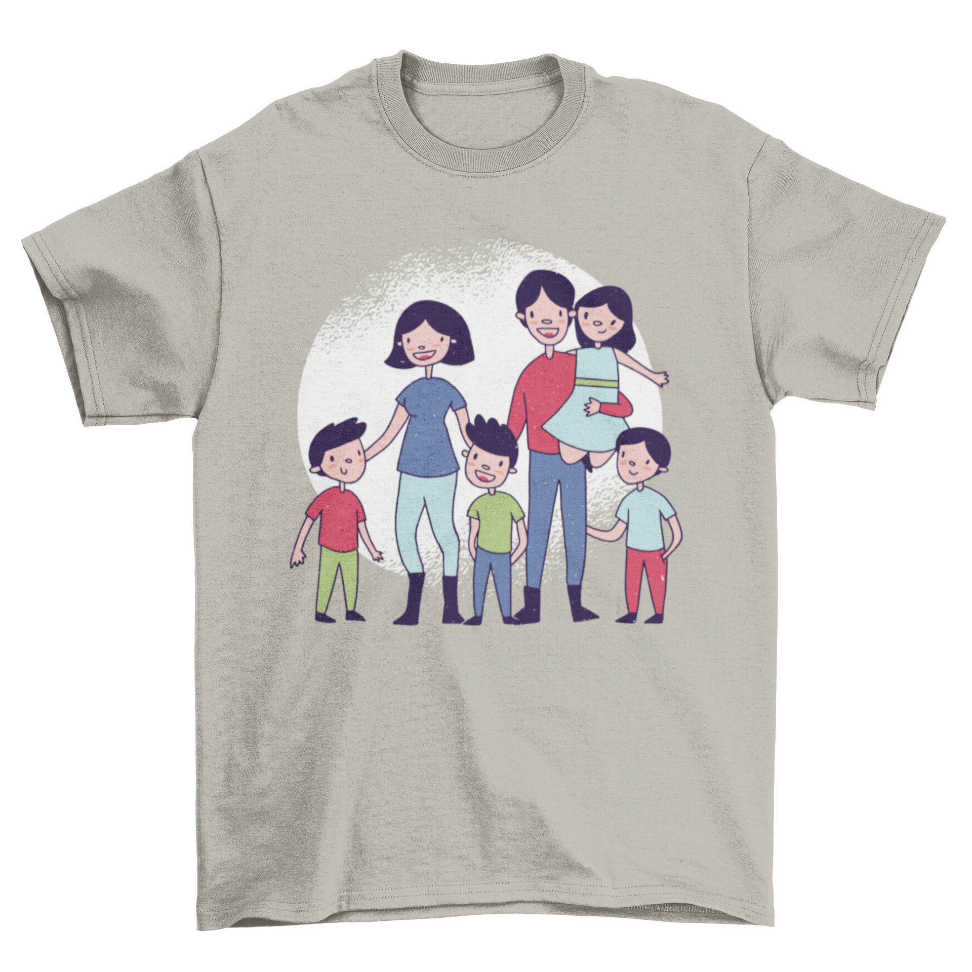 Happy Family Cartoon smiling t-shirt featuring a colorful illustration of a joyful family with four kids.