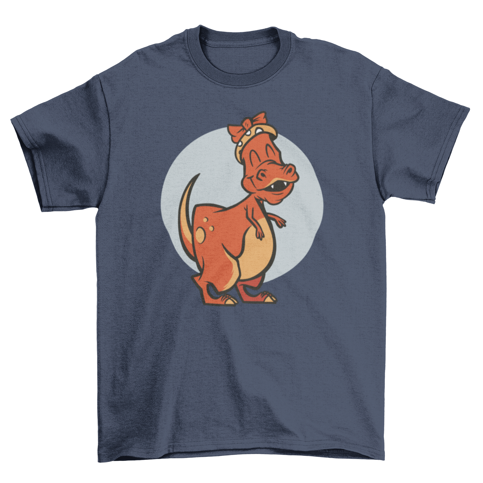 A cute t-shirt featuring a happy female T-Rex dinosaur wearing a colorful headband, perfect for dinosaur lovers.