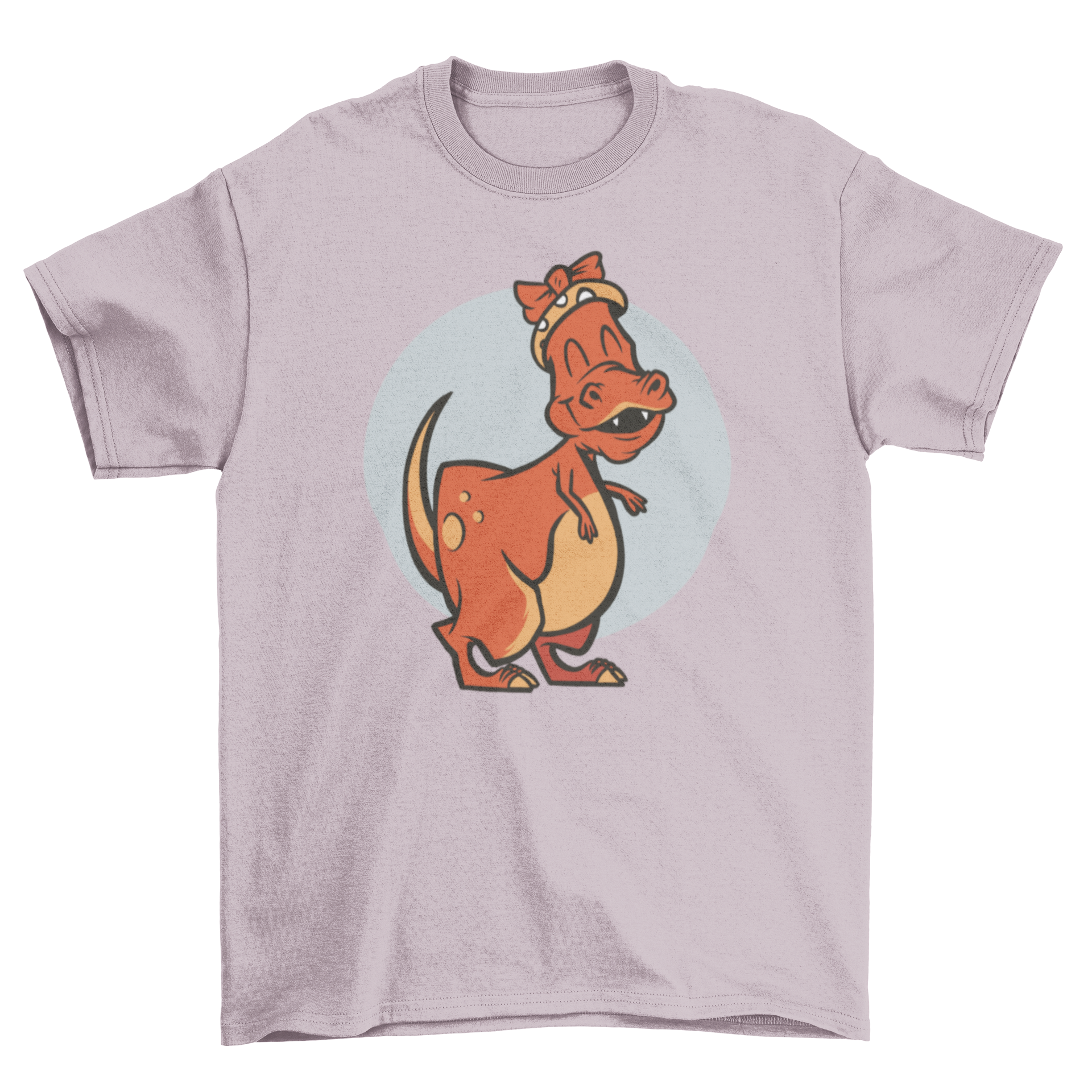 A cute t-shirt featuring a happy female T-Rex dinosaur wearing a colorful headband, perfect for dinosaur lovers.