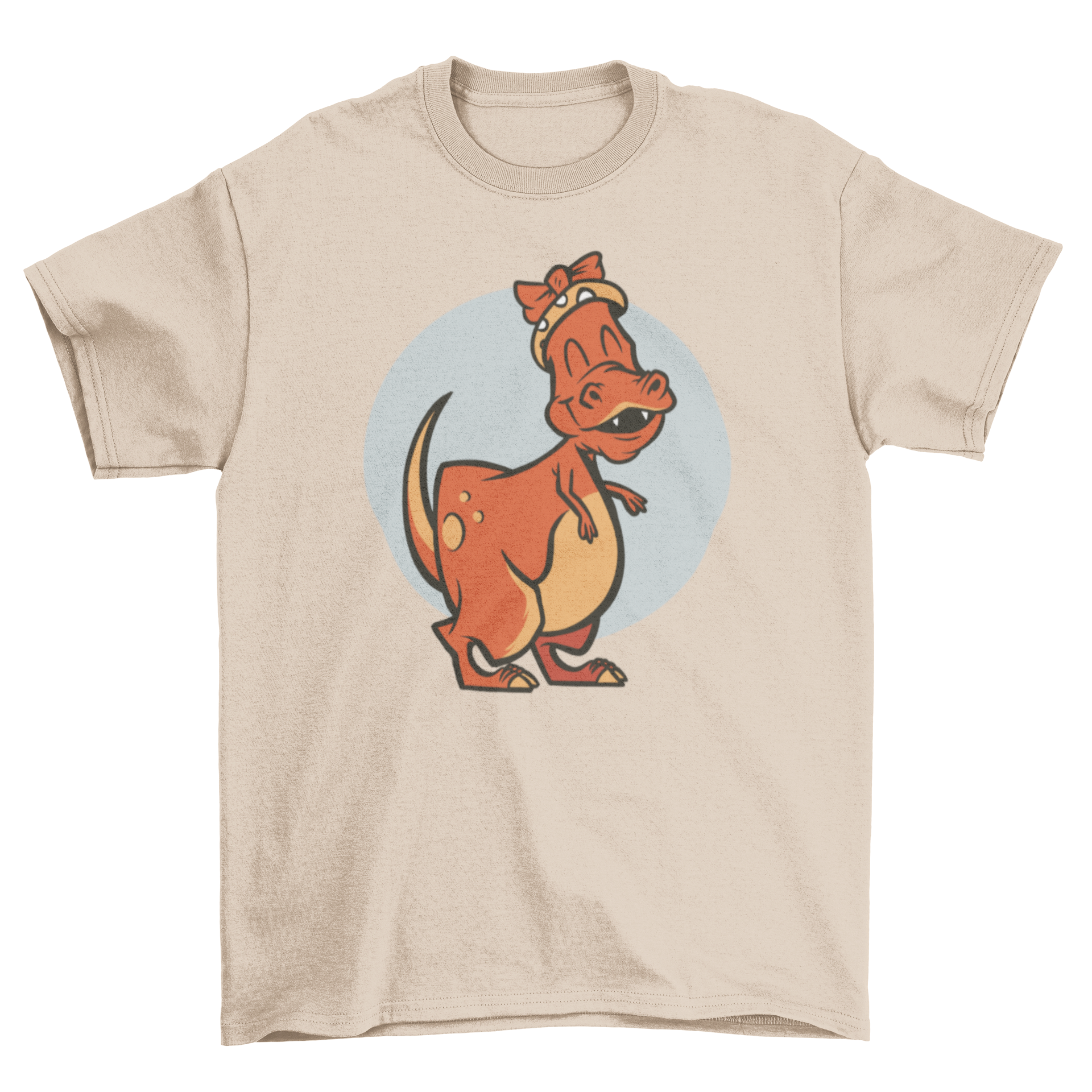 A cute t-shirt featuring a happy female T-Rex dinosaur wearing a colorful headband, perfect for dinosaur lovers.