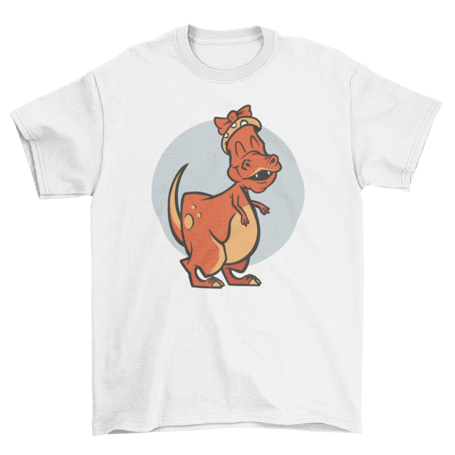 A cute t-shirt featuring a happy female T-Rex dinosaur wearing a colorful headband, perfect for dinosaur lovers.