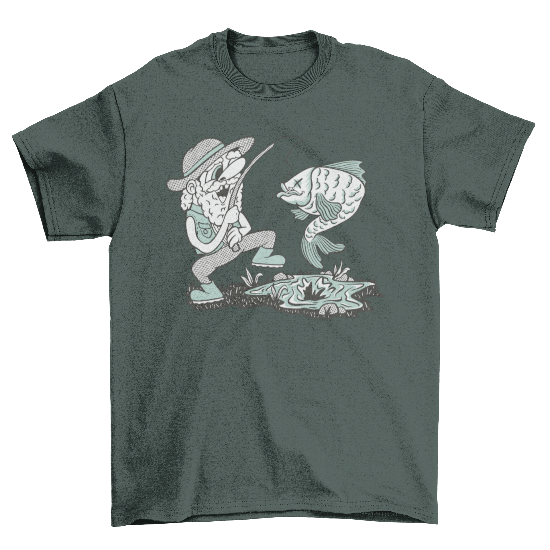 A colorful t-shirt featuring a happy fisherman casting his line, perfect for fishing enthusiasts.