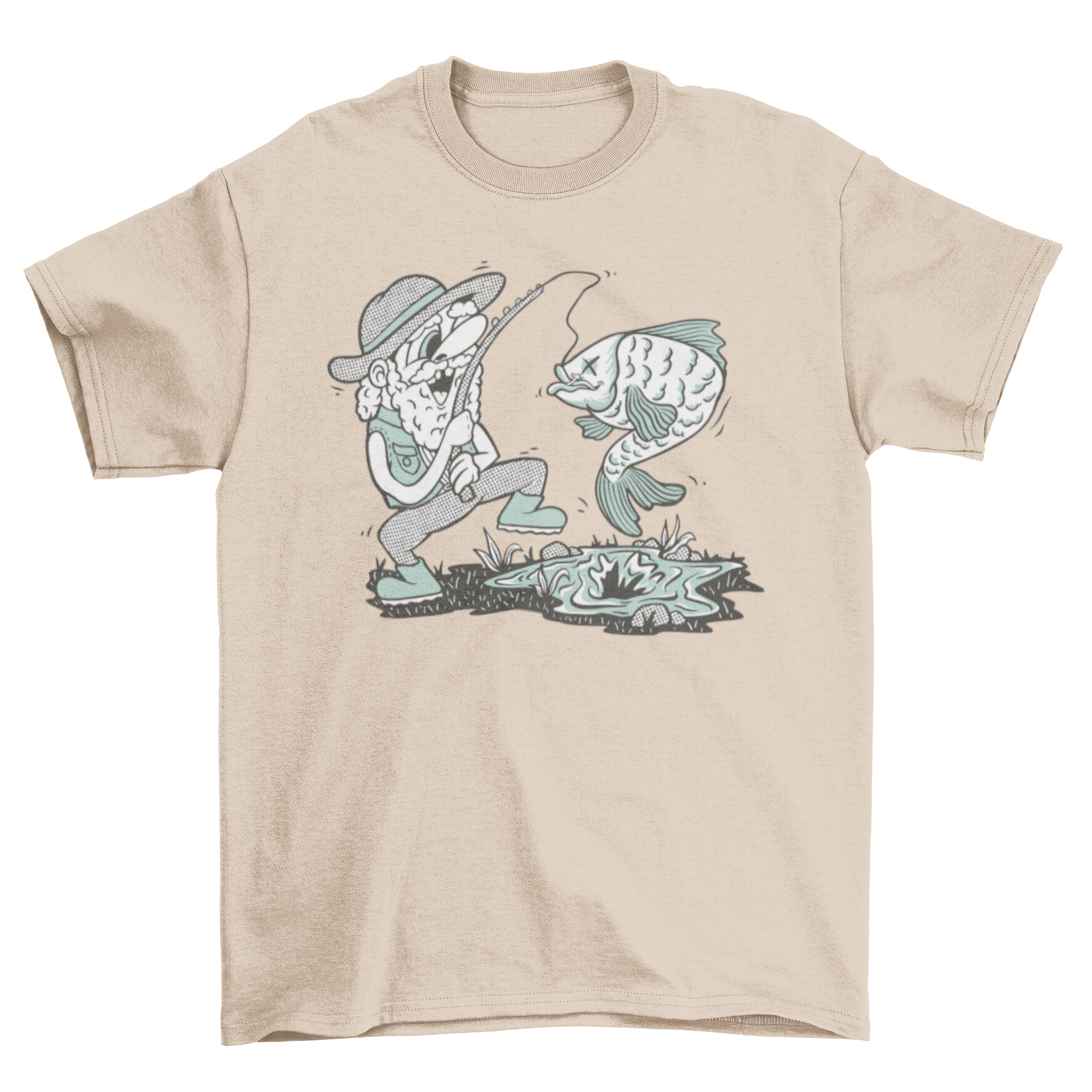 A colorful t-shirt featuring a happy fisherman casting his line, perfect for fishing enthusiasts.