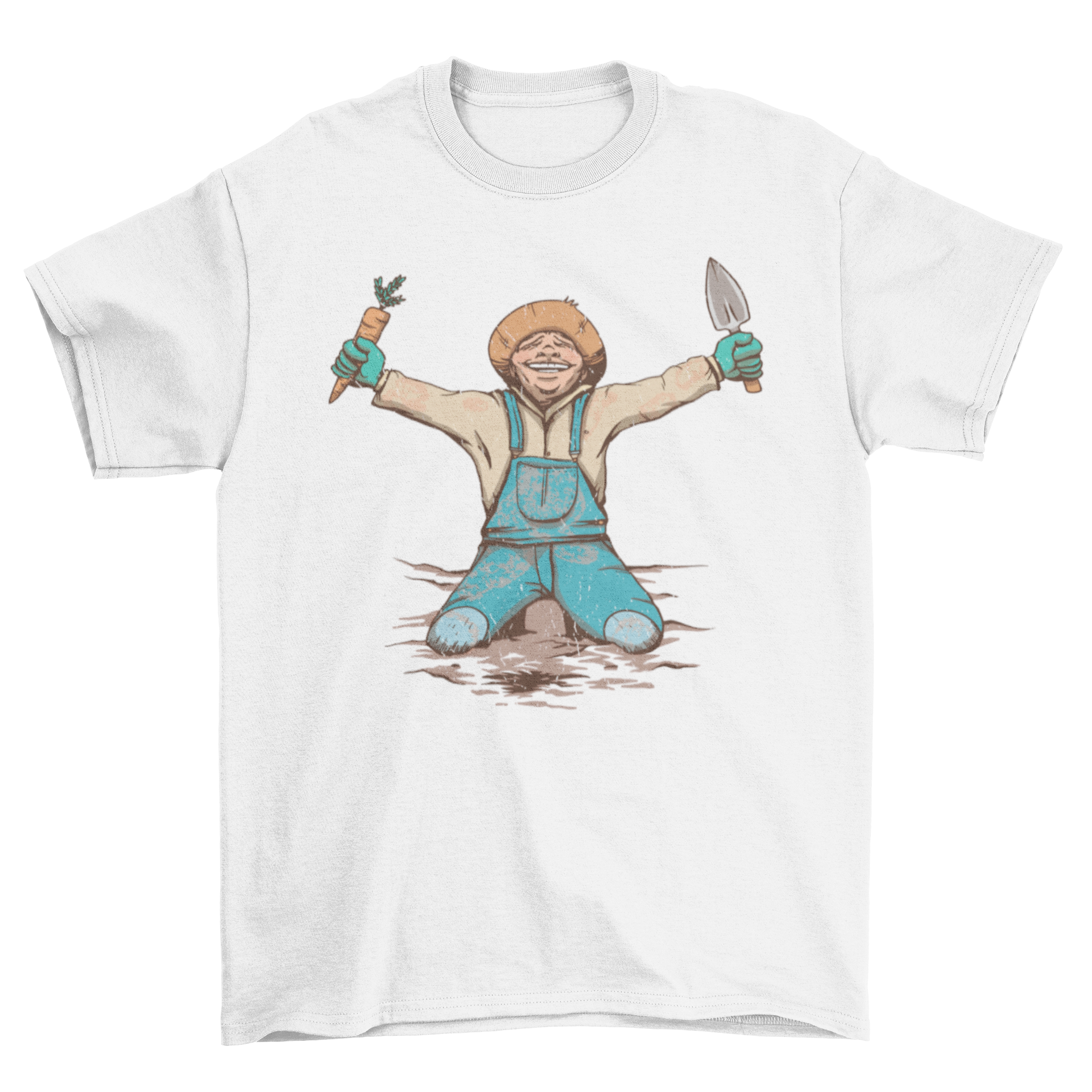 A cheerful gardener wearing a t-shirt, holding a carrot and a shovel, symbolizing joy in gardening.