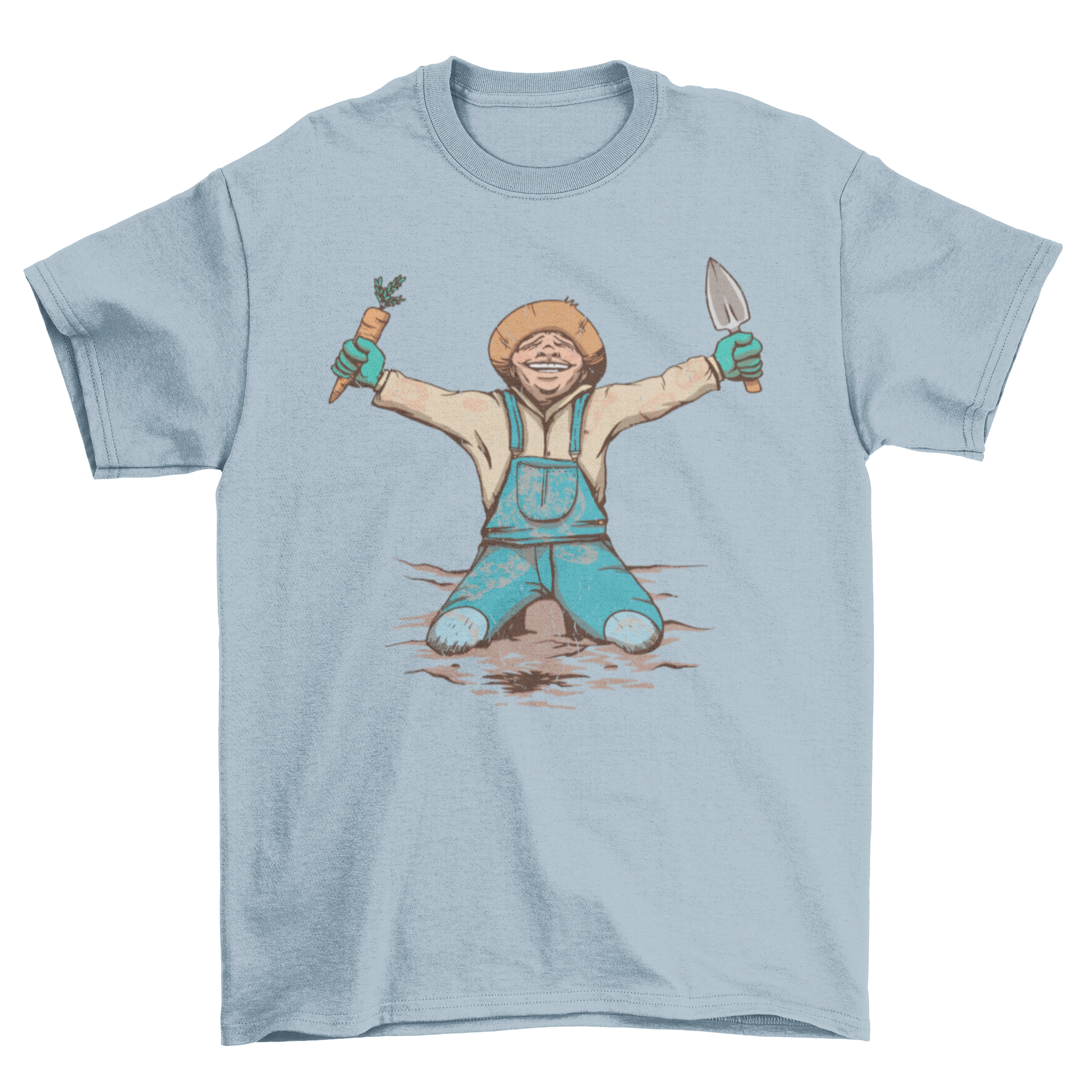 A cheerful gardener wearing a t-shirt, holding a carrot and a shovel, symbolizing joy in gardening.