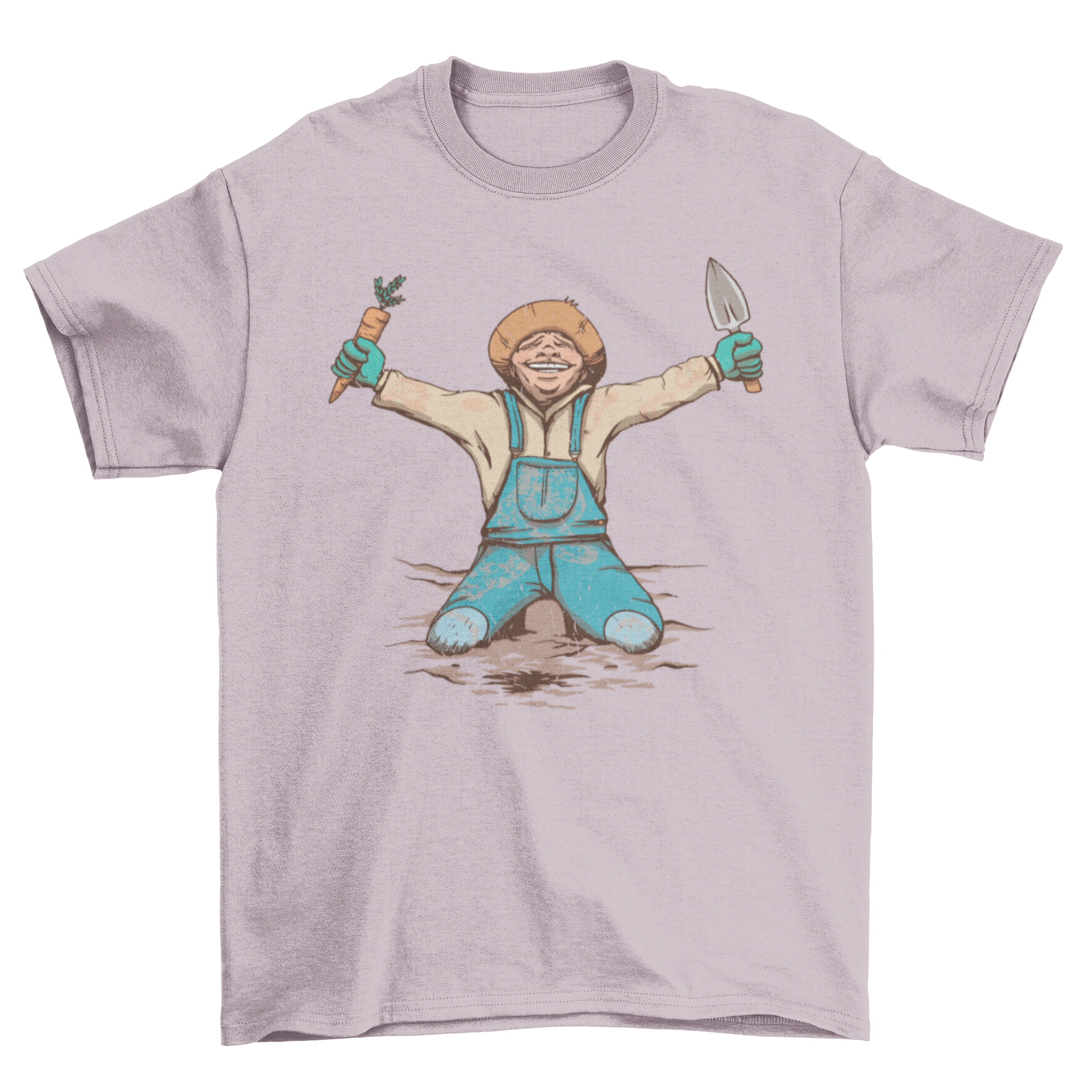 A cheerful gardener wearing a t-shirt, holding a carrot and a shovel, symbolizing joy in gardening.