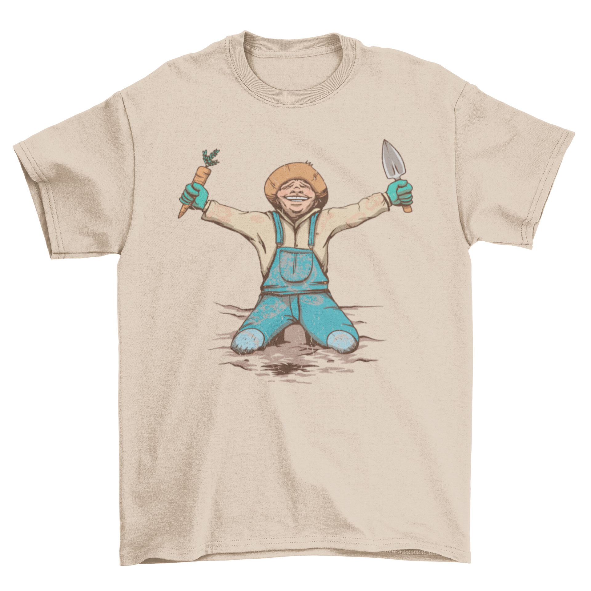 A cheerful gardener wearing a t-shirt, holding a carrot and a shovel, symbolizing joy in gardening.