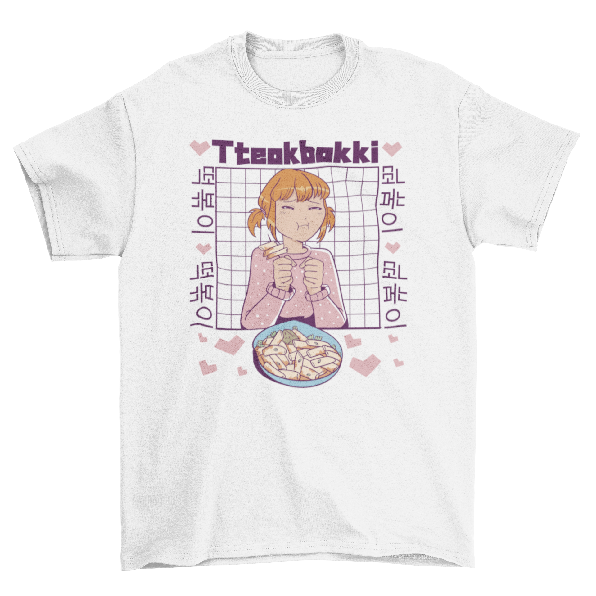 A vibrant t-shirt featuring an anime girl happily eating tteokbokki, showcasing Korean food culture.