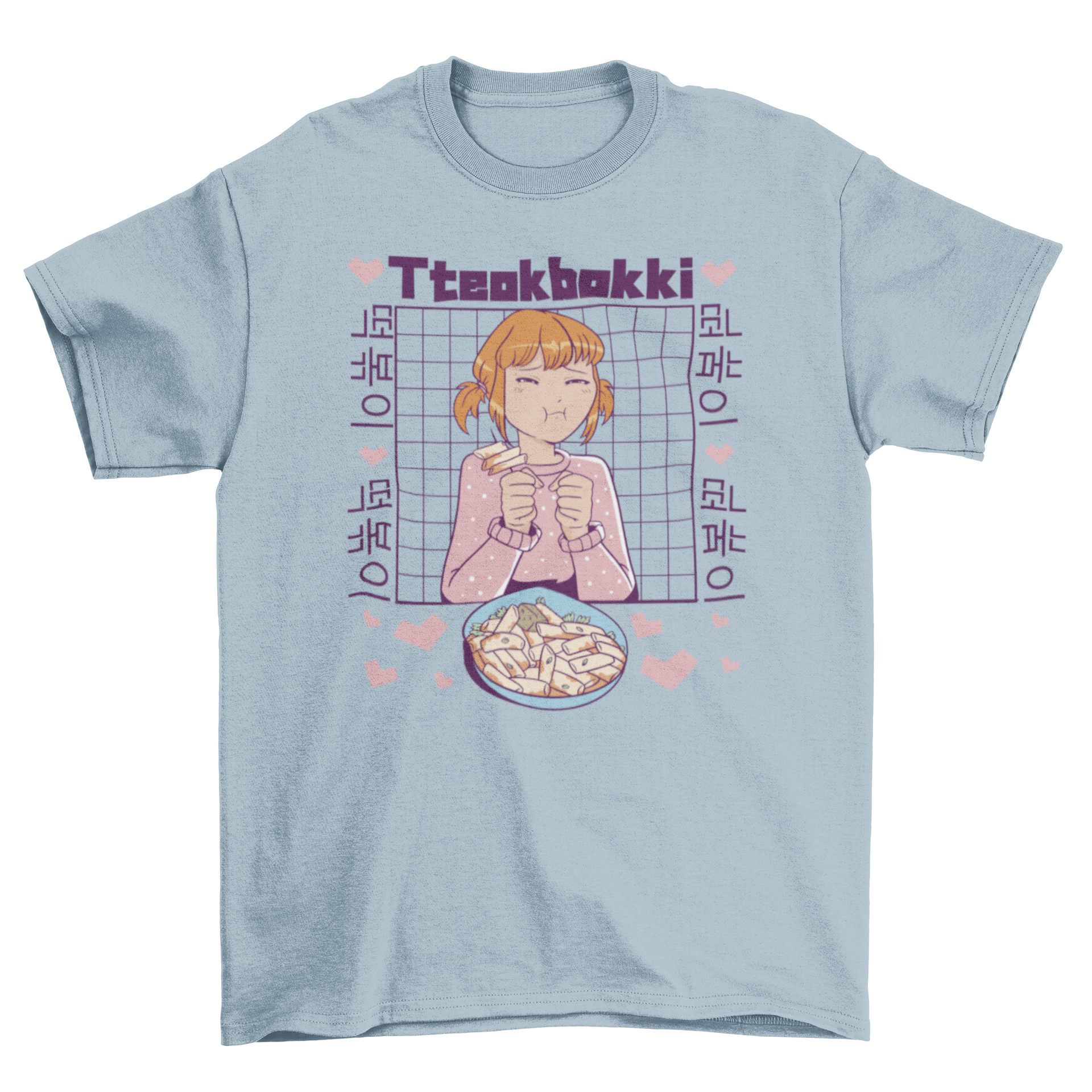 A vibrant t-shirt featuring an anime girl happily eating tteokbokki, showcasing Korean food culture.