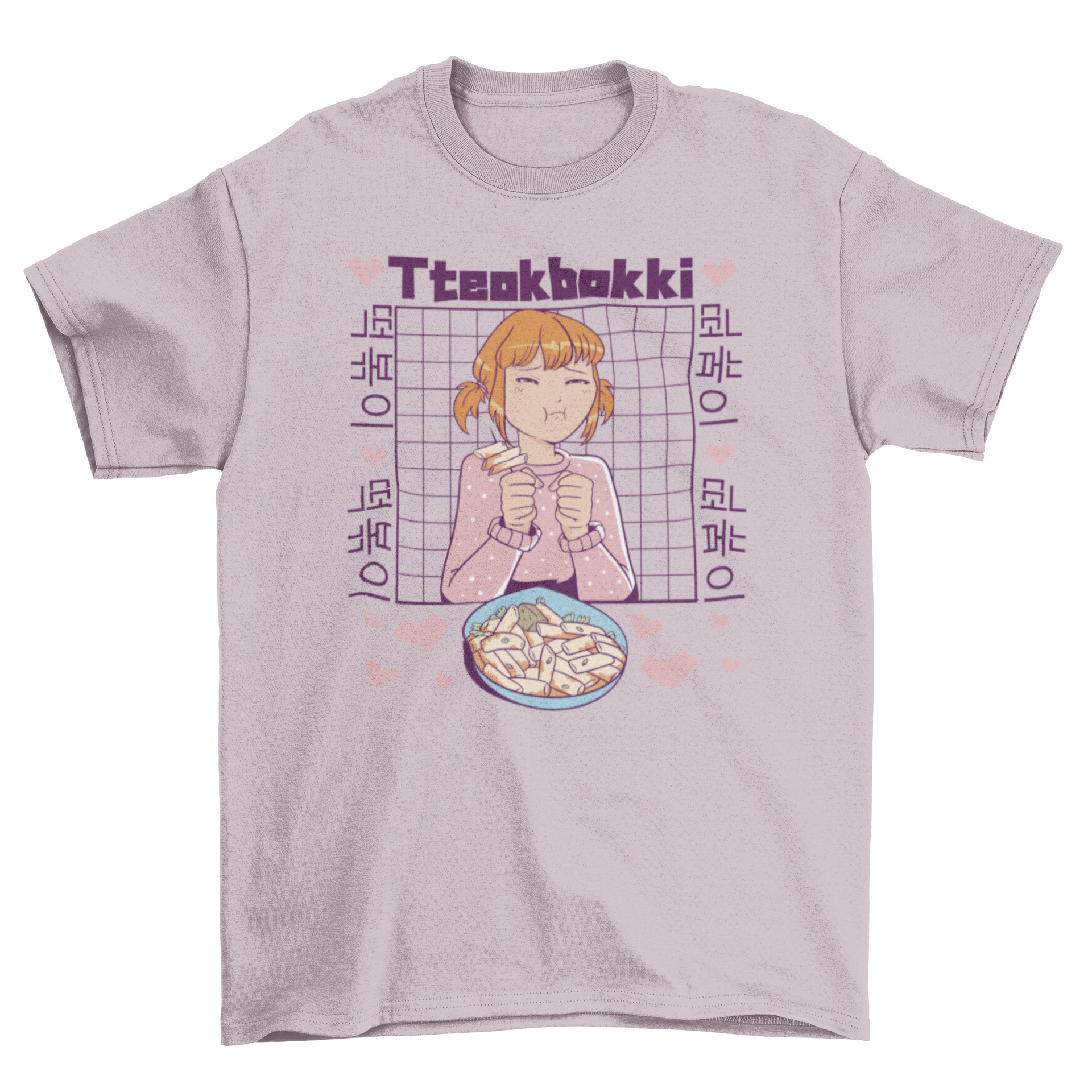 A vibrant t-shirt featuring an anime girl happily eating tteokbokki, showcasing Korean food culture.