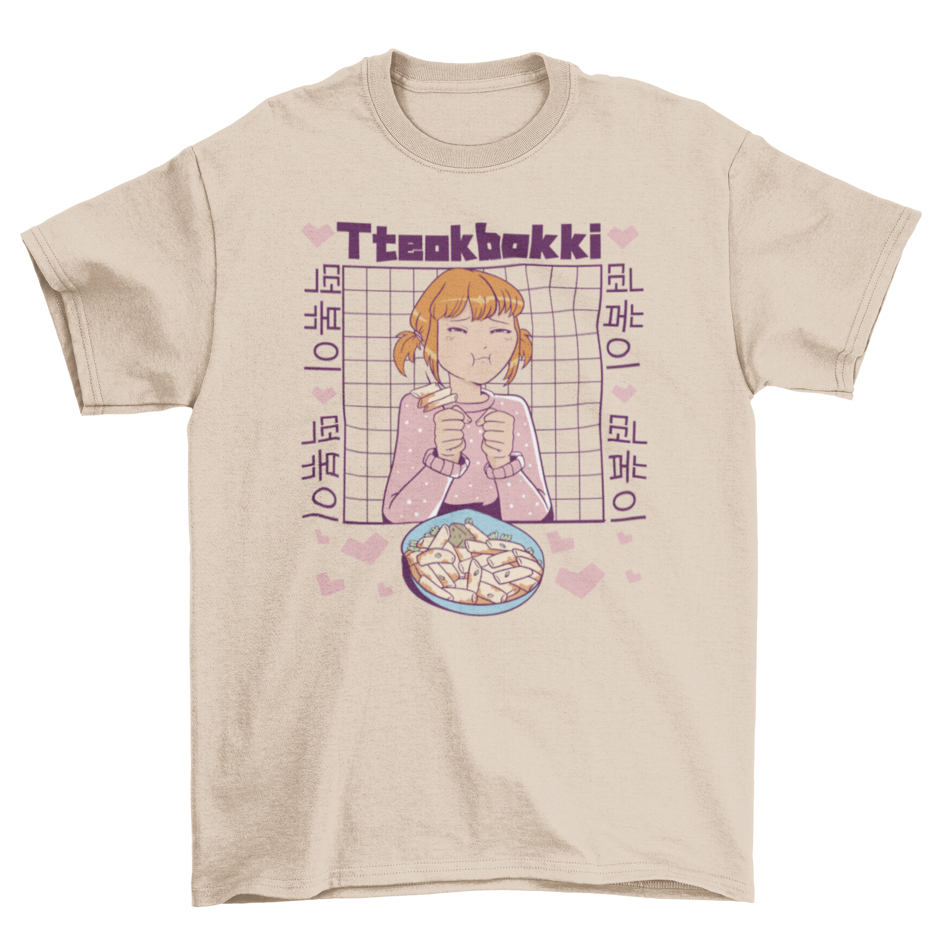 A vibrant t-shirt featuring an anime girl happily eating tteokbokki, showcasing Korean food culture.