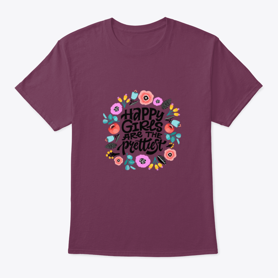 A stylish t-shirt featuring the motivational quote 'Happy Girls Are The Prettiest', made from soft cotton fabric.