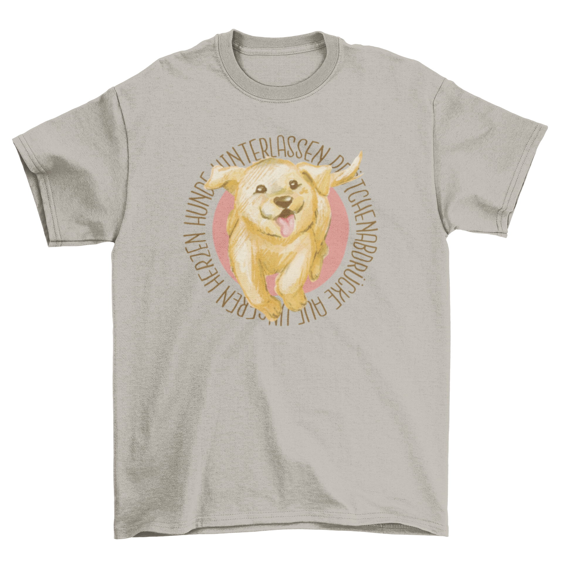 A happy golden retriever puppy running, featured on a stylish t-shirt design.