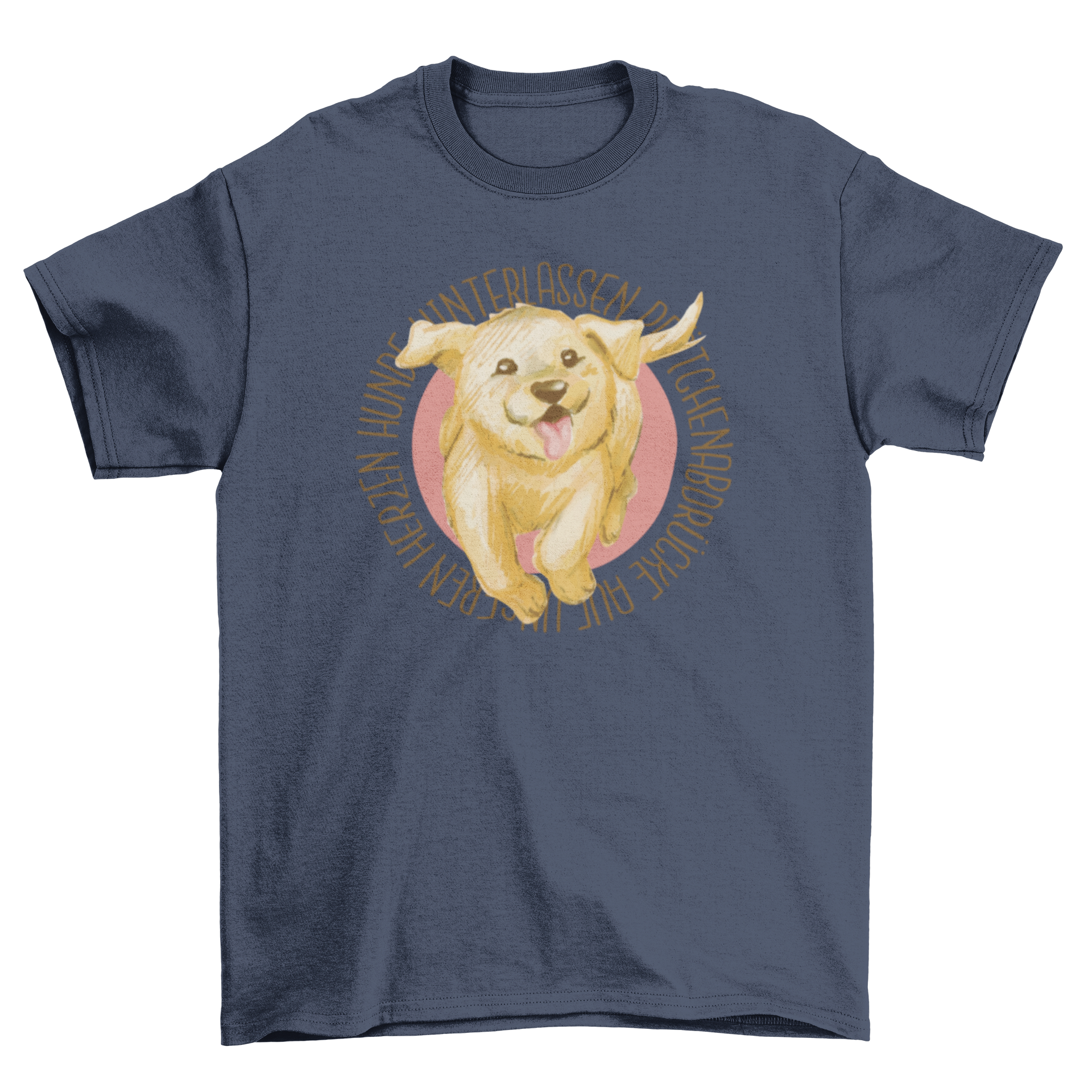 A happy golden retriever puppy running, featured on a stylish t-shirt design.