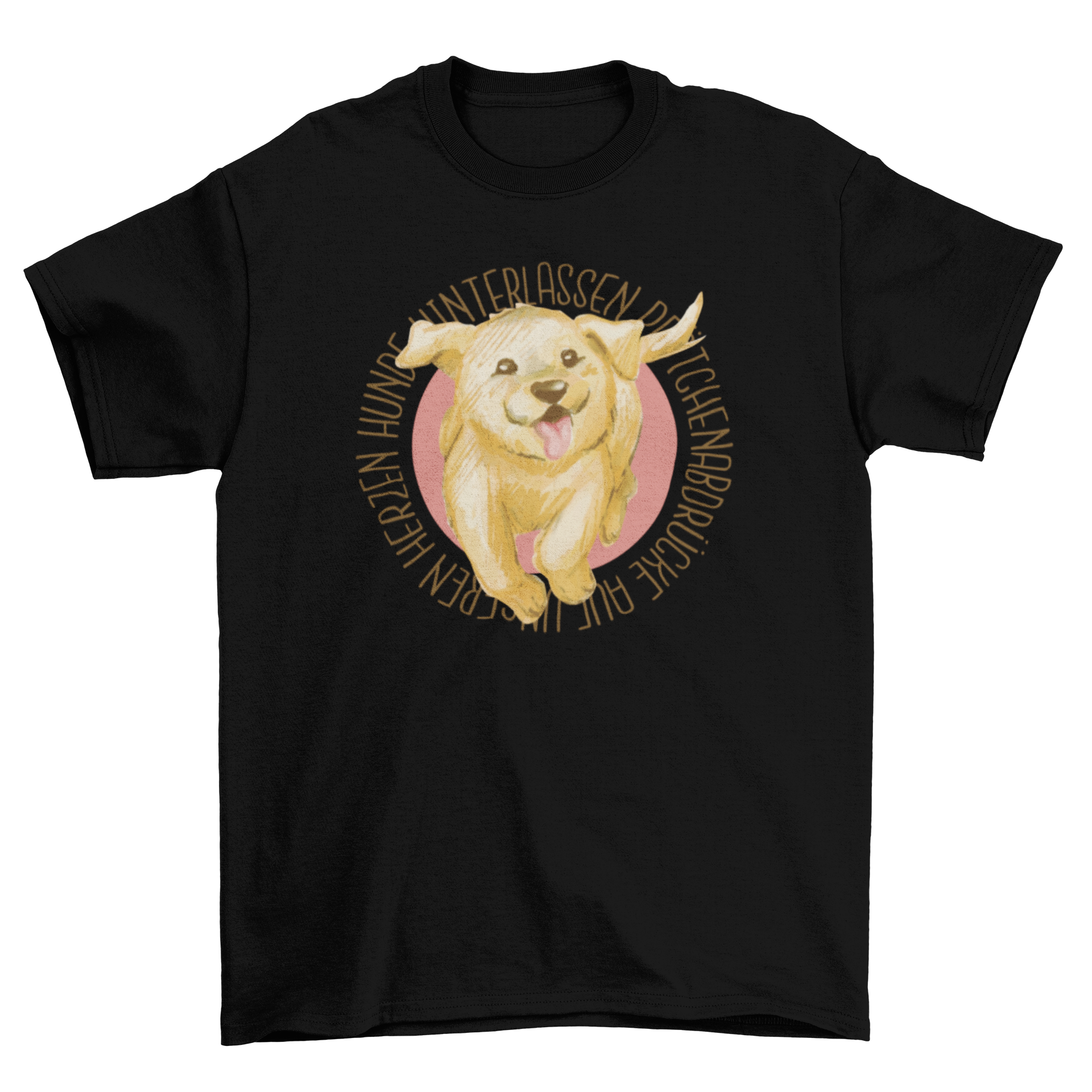 A happy golden retriever puppy running, featured on a stylish t-shirt design.