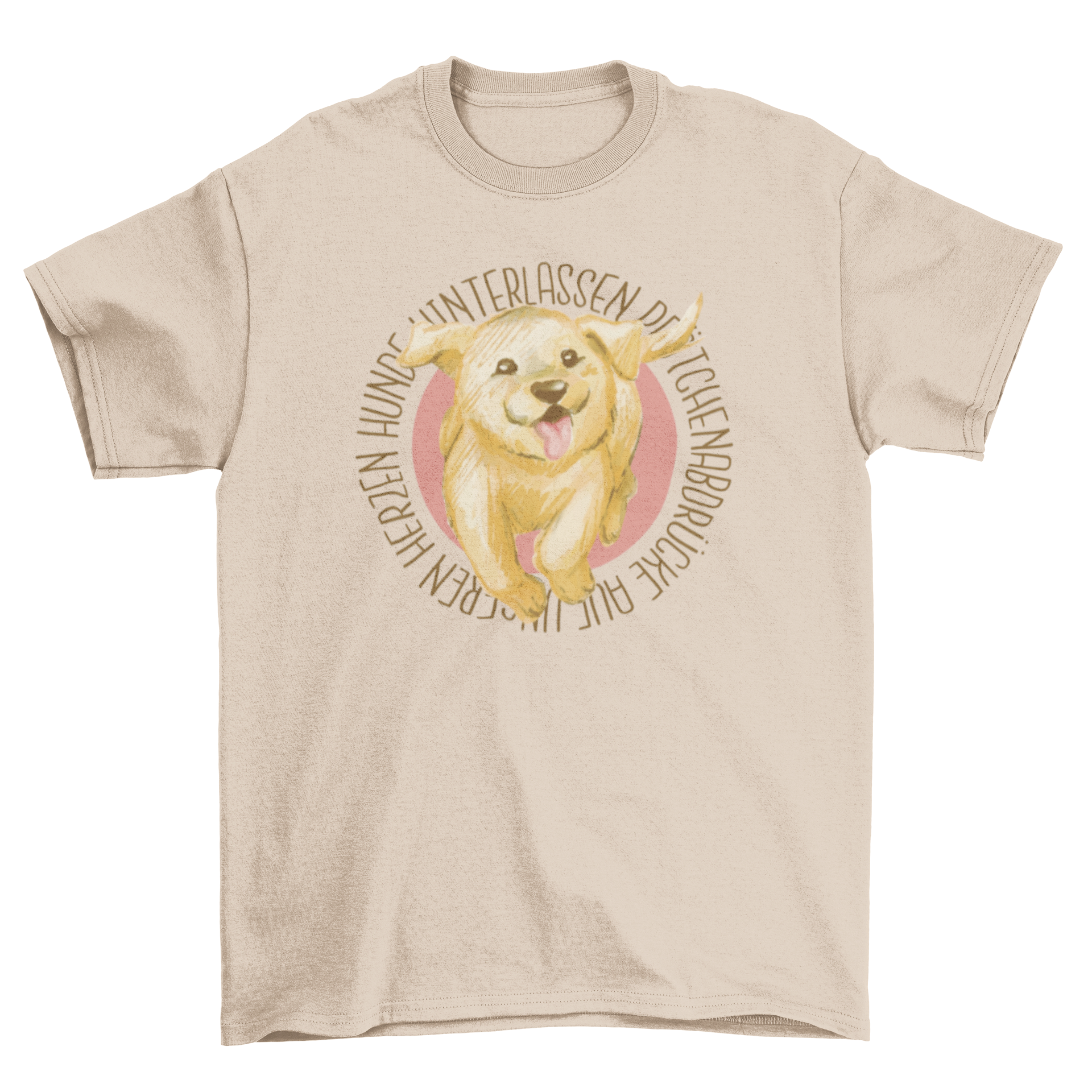 A happy golden retriever puppy running, featured on a stylish t-shirt design.