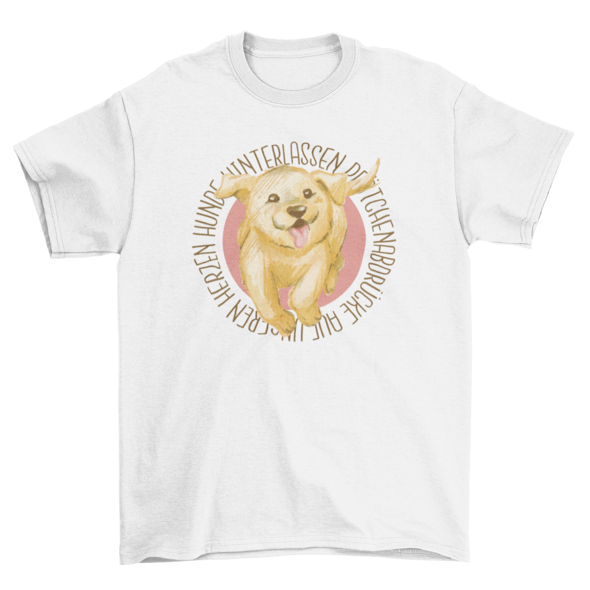 A happy golden retriever puppy running, featured on a stylish t-shirt design.