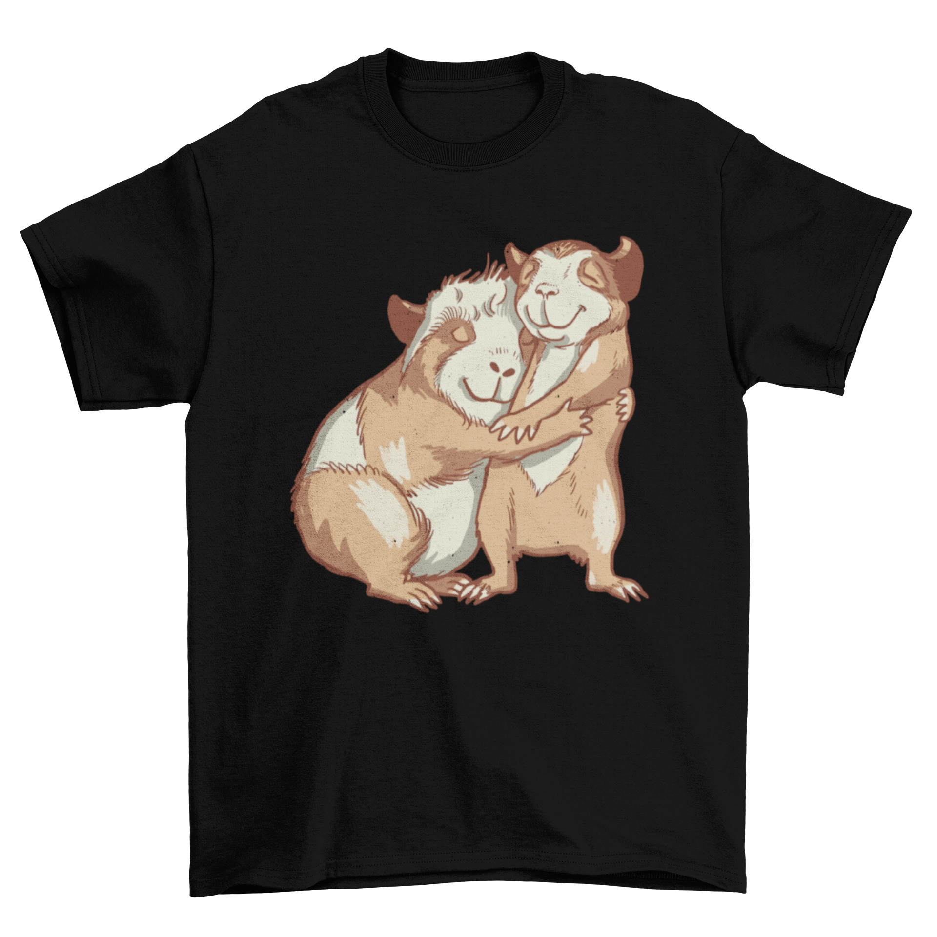 A cute t-shirt featuring two happy guinea pigs hugging each other, showcasing a colorful and cheerful design.